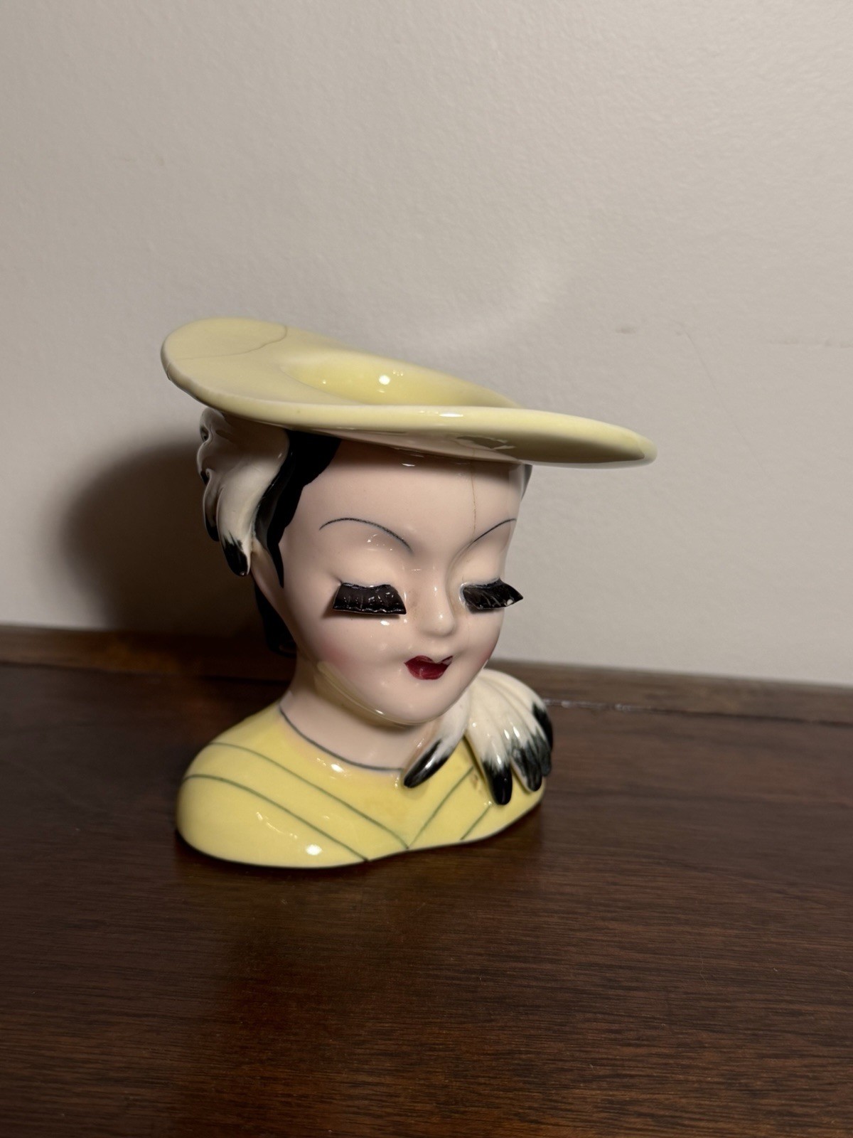 Vintage Lady Head Vase Black White Yellow Feathers