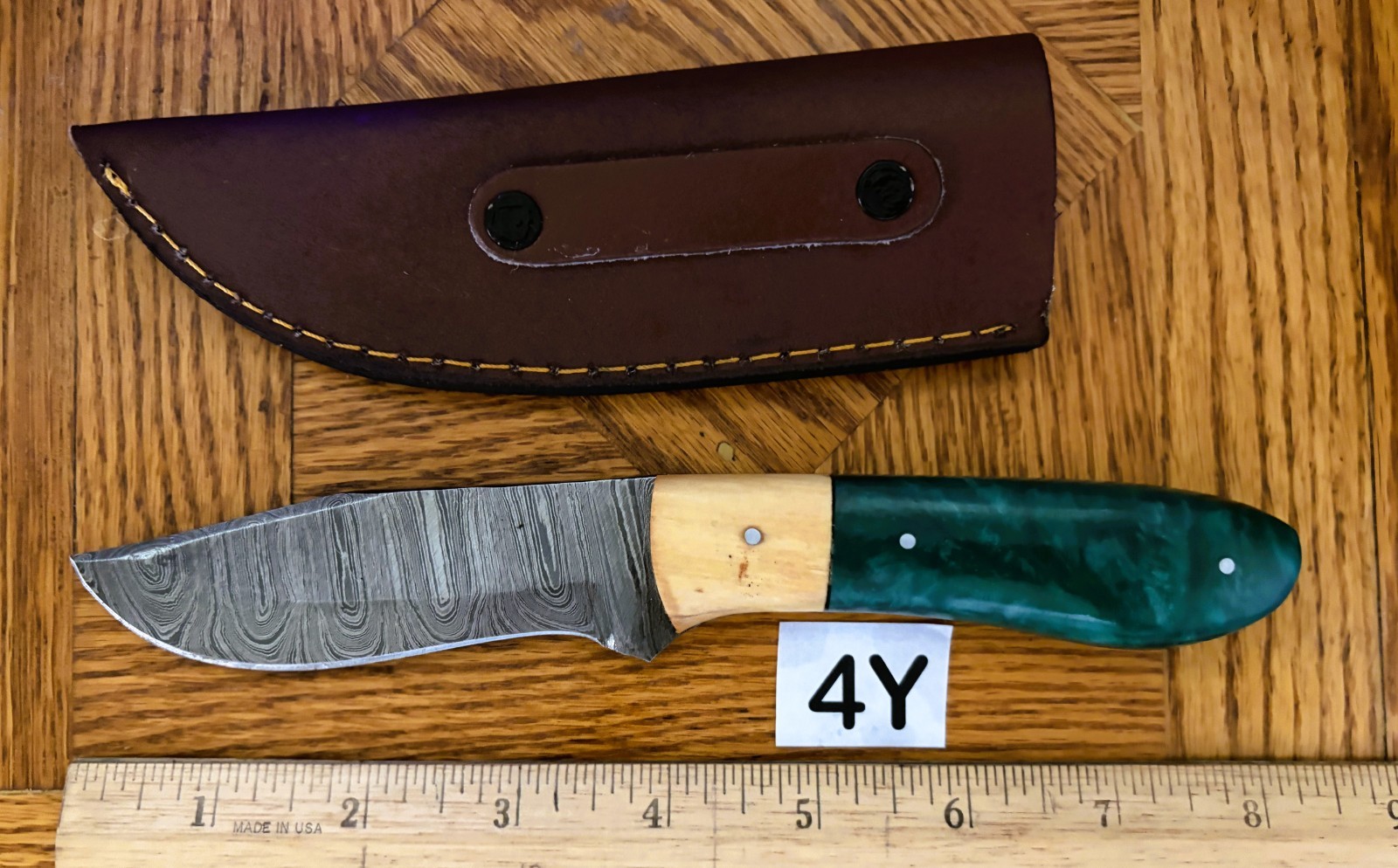 DAMASCUS STEEL SKINNING KNIFE-HARDWOOD and MICARTA HANDLE #4Y