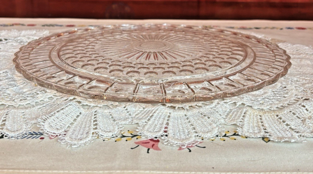 Federal Glass 2889 Dots Panels Sunburst Clear Footed Cake Plate 11⅜”