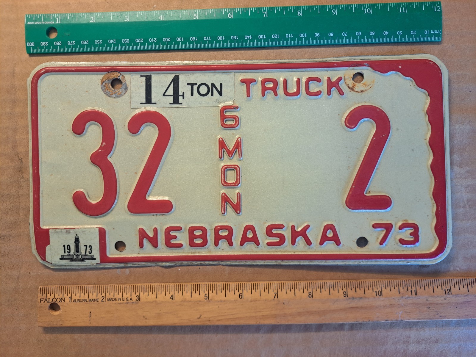 License Plates, Nebraska, 1973, 6 Month Truck, 32 (small Thayer county) #2