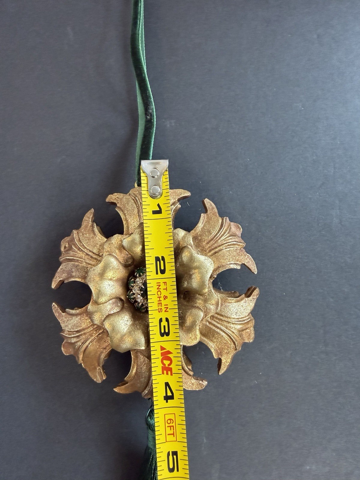 Gold Baroque Flower Ornament Green Tassel Rhinestone Center Velvet Ribbon 15”