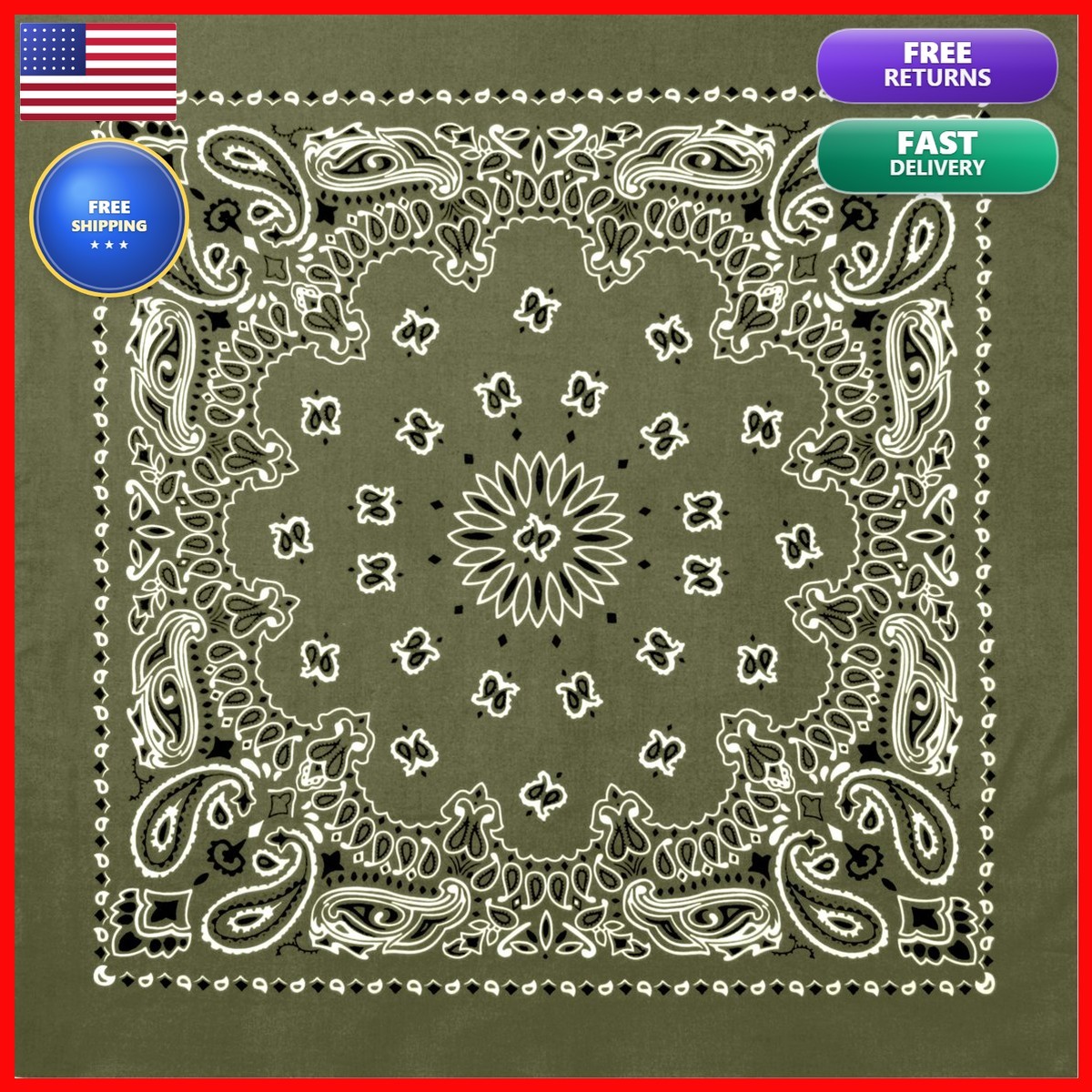 Rothco Trainmen Paisley Bandana Extra-Large 27″ X 27″ Olive Drab