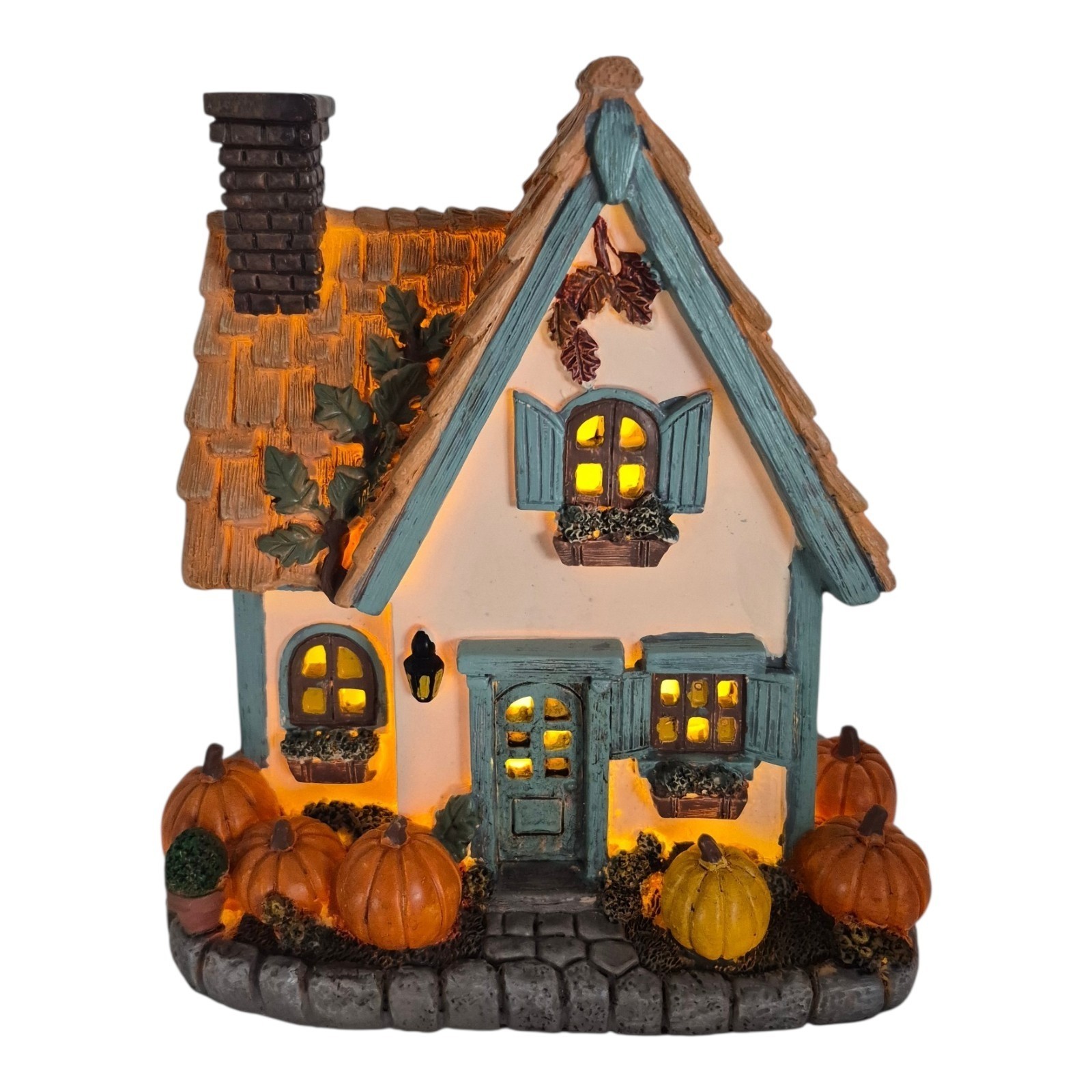Hobby Lobby Cozy Fall Cottage Light Up House Pumpkins Blue Trim 7.5in