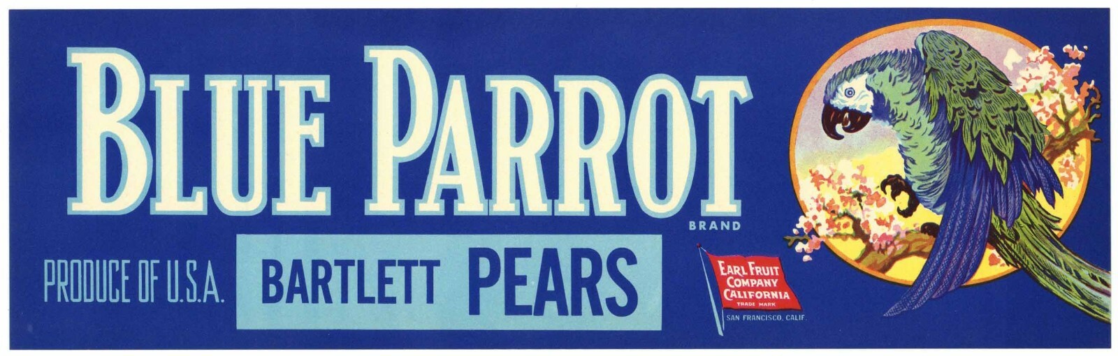 Blue Parrot Brand, Vintage, Earl Fruit Co. *AN ORIGINAL PEAR CRATE LABEL* lug