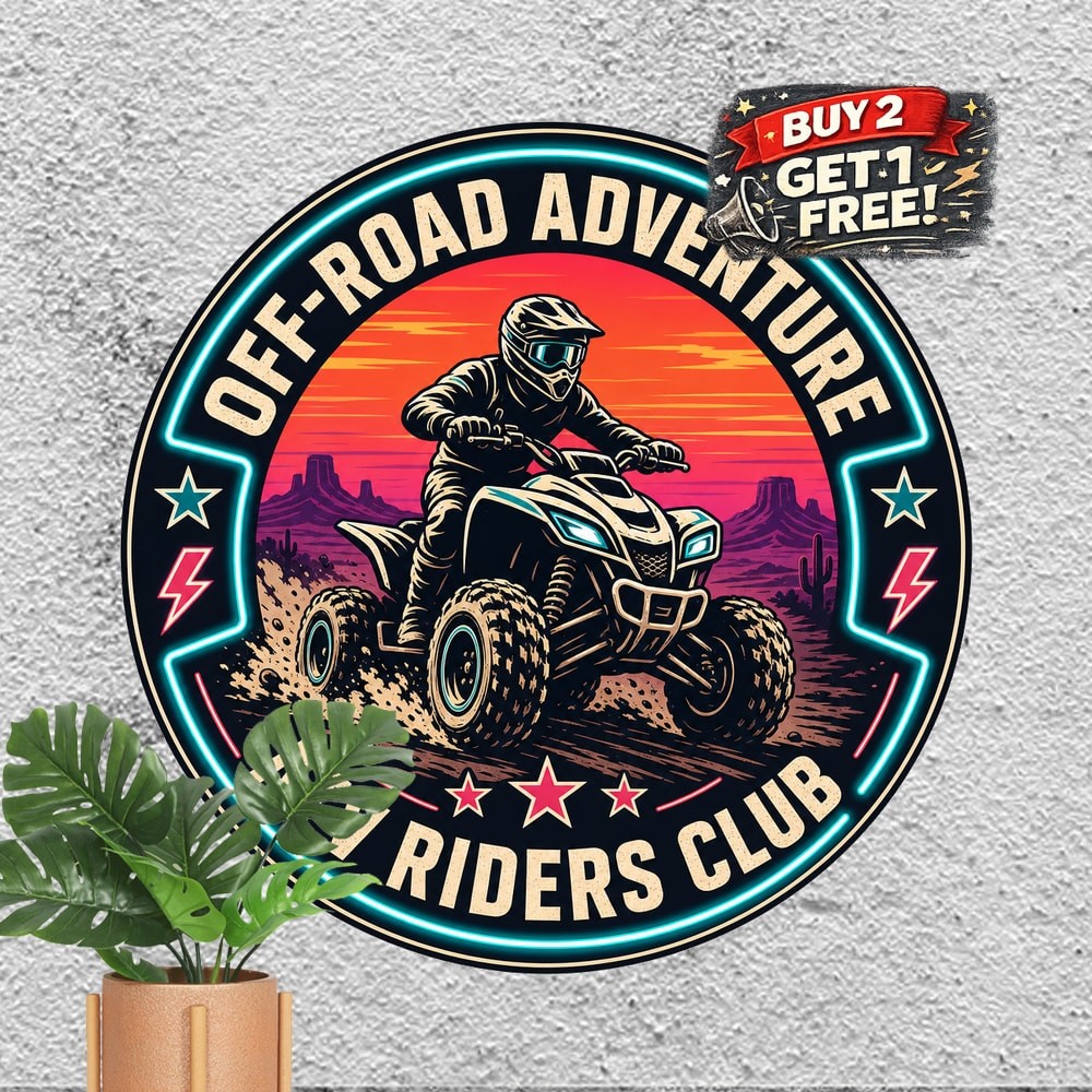 ATV Quad Rider Helmet Neon Circle Logo Round Metal Tin Sign Decor 8×8