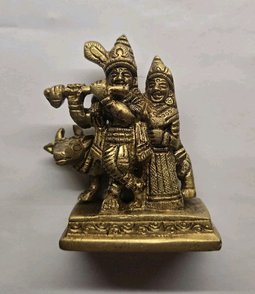 Brass Radha Krishna Idol Sculpture with Cow 7 cm