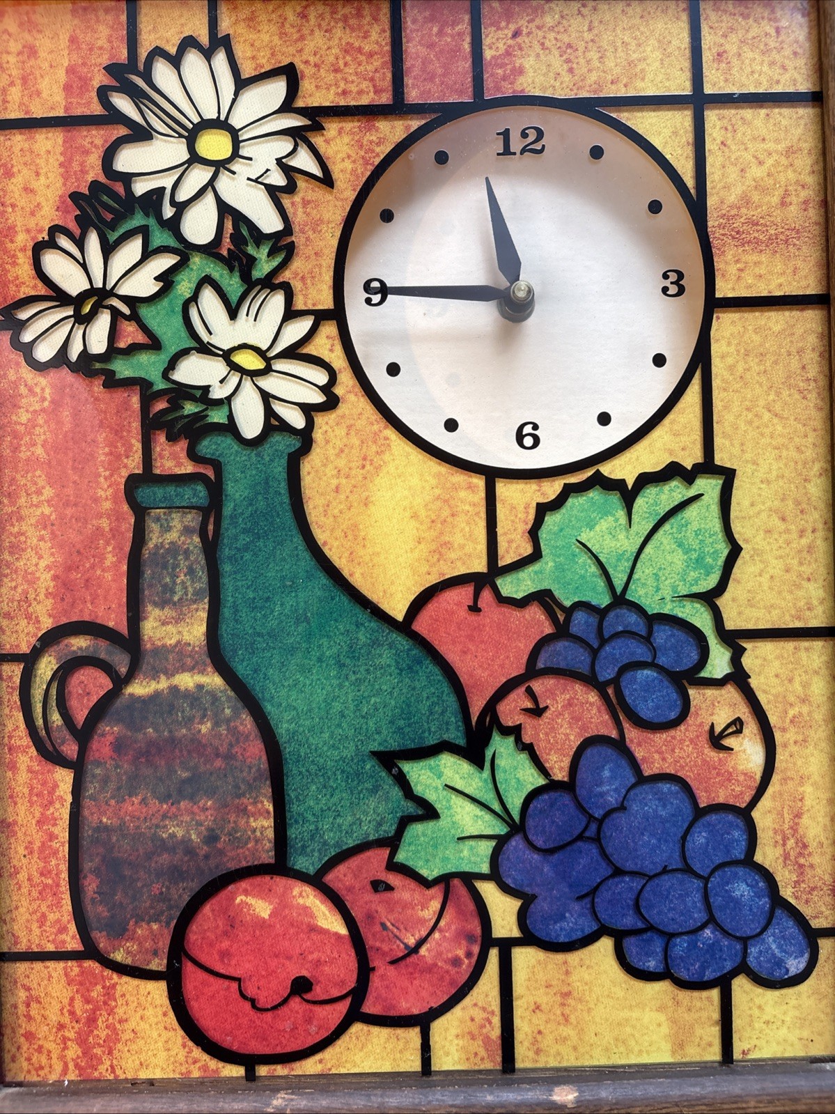 Vintage Elgin Wall Cock Retro Stained Glass Battery Flowers Fruit