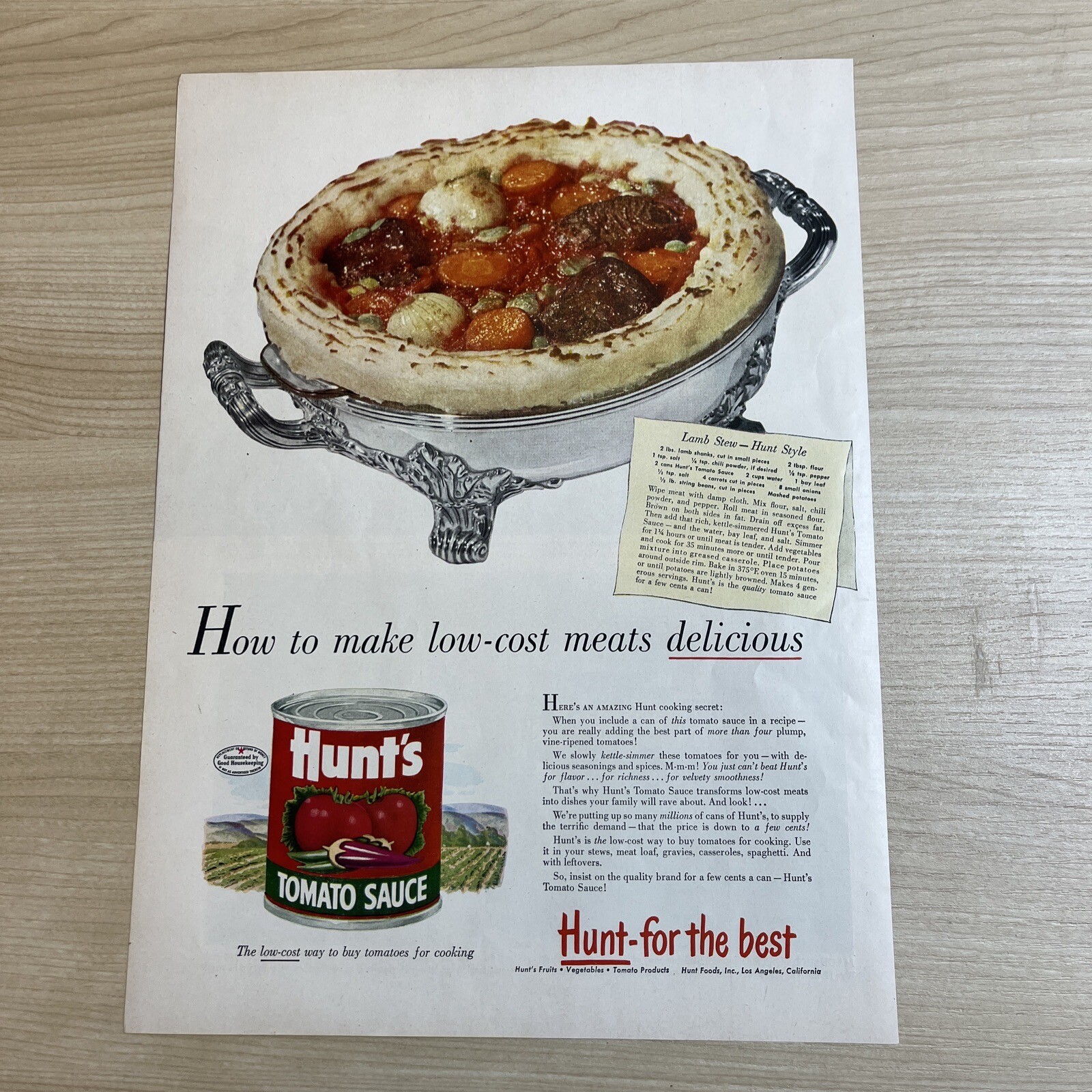 Hunt’s Tomato Sauce Lamb Stew Recipe 1949 Vintage Print Ad Life Magazine