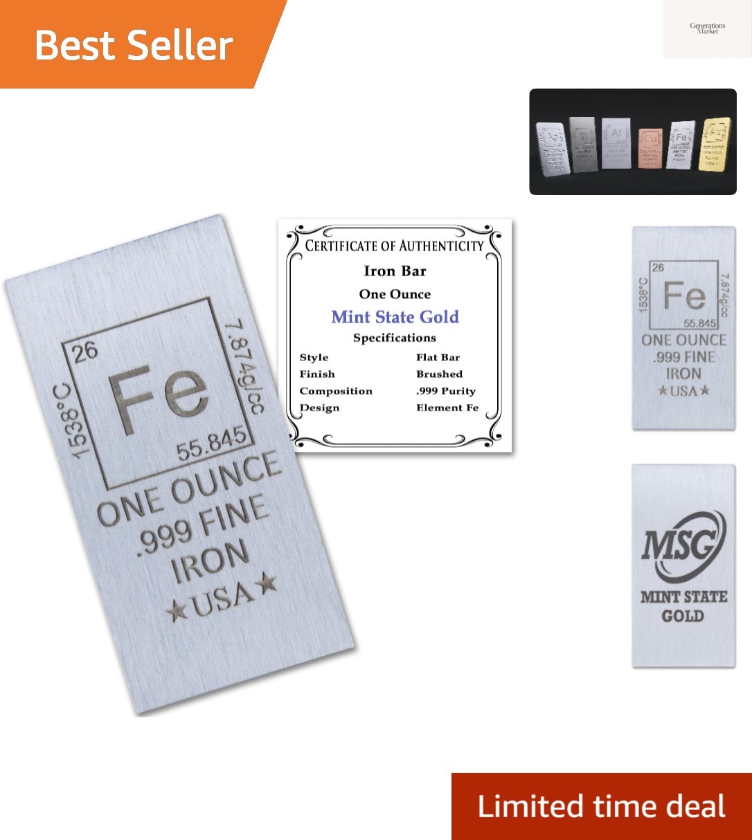 1 oz Iron Bar Flat Style .999 Pure Paperweight – Element Design with Certific…