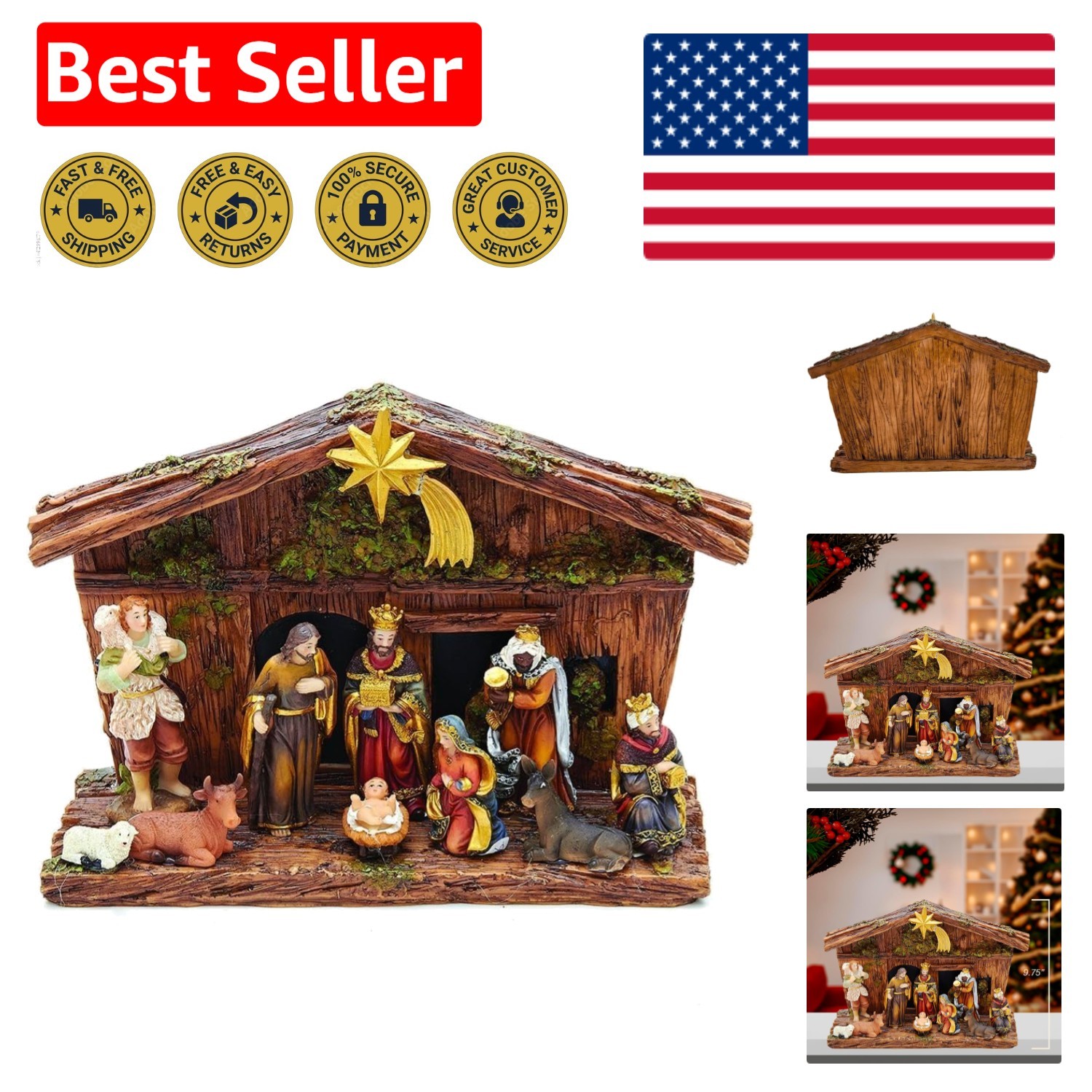 Kurt Adler 11-Piece Multicolor Nativity Set with Stable – Classic Holiday Decor