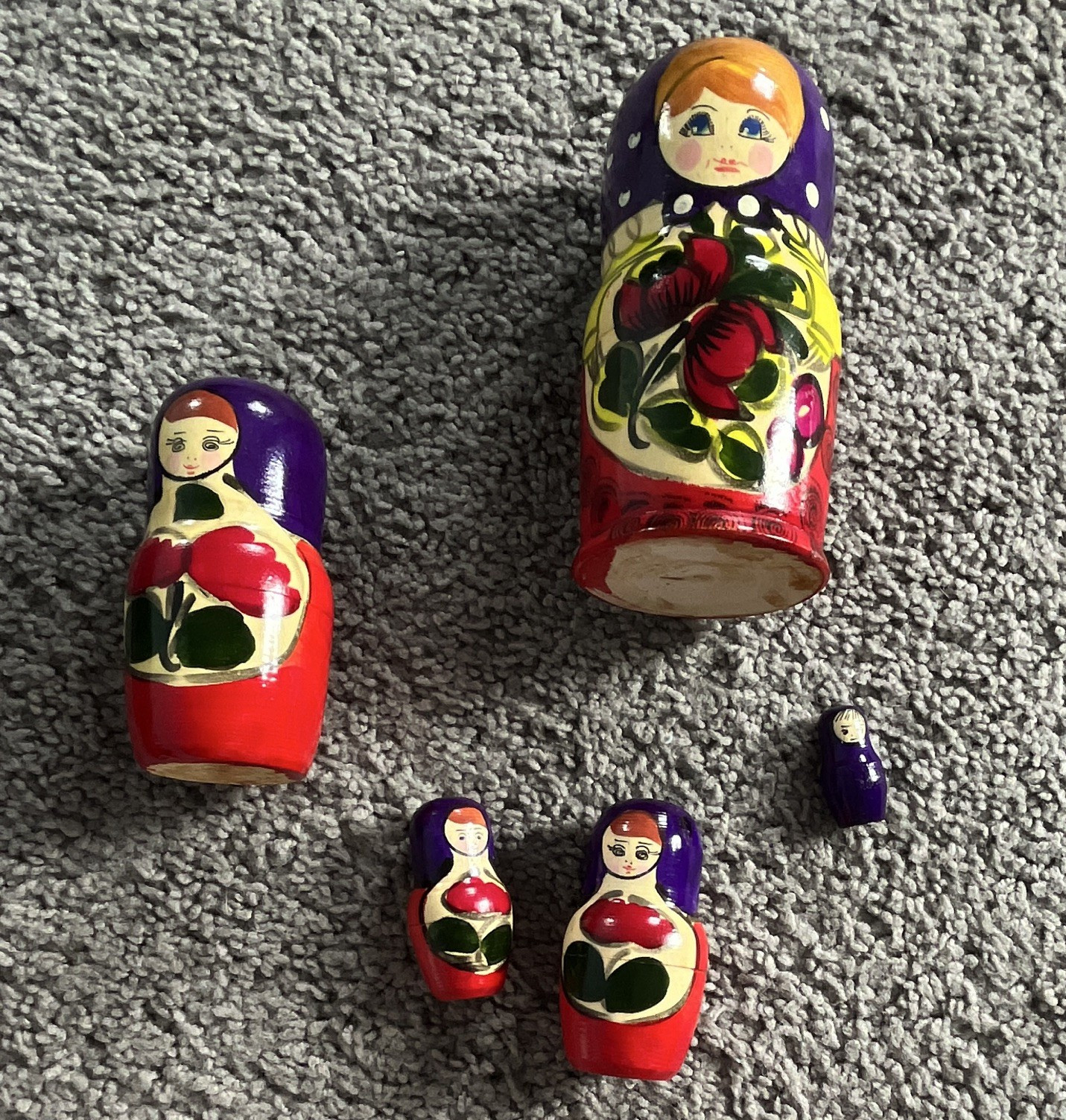 Hand-Painted Russian Matryoshka Nesting Dolls Set of 5 Red Purple Floral