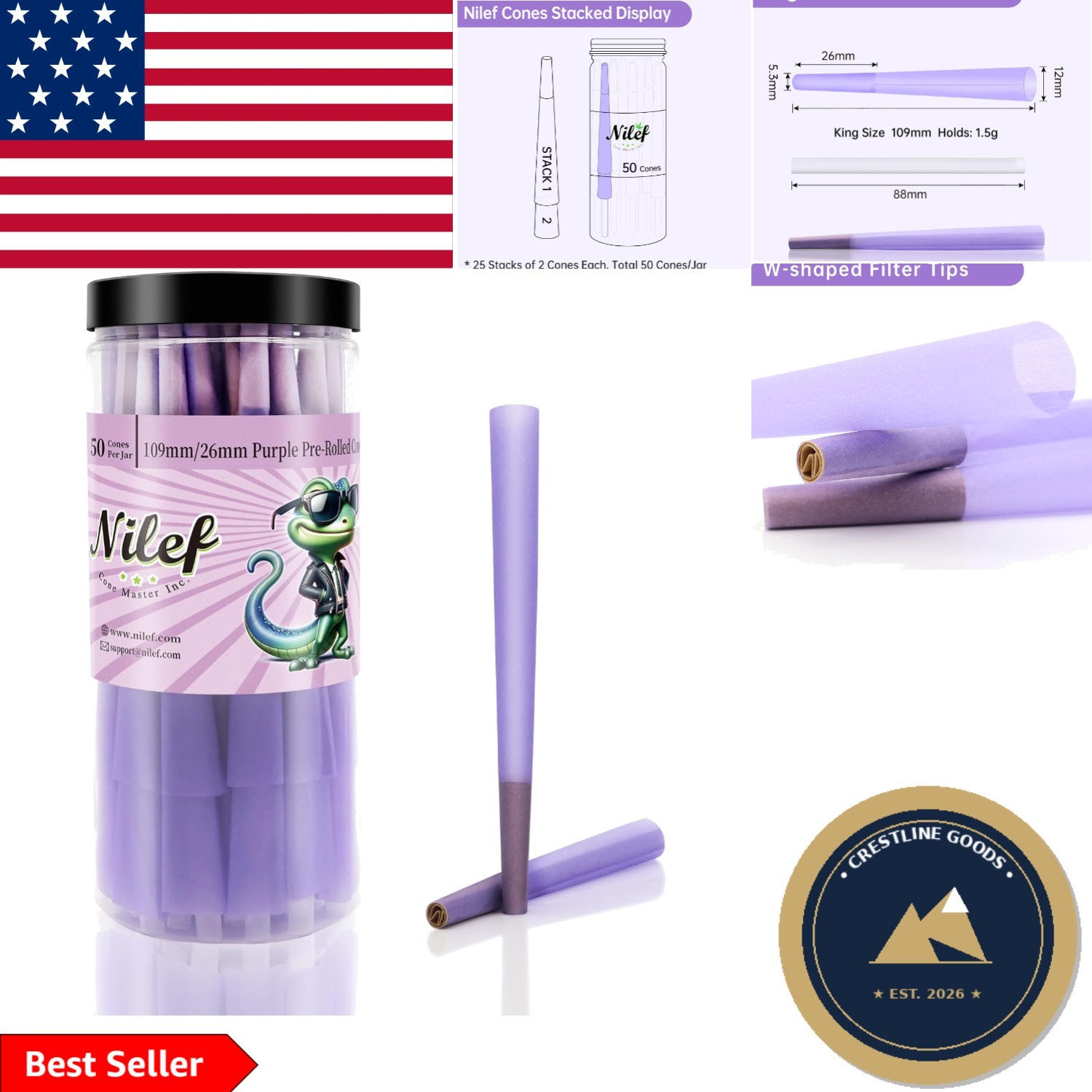 Natural Purple King Size Pre Rolled Cones | 109mm | 50 Count for Smooth Sessions