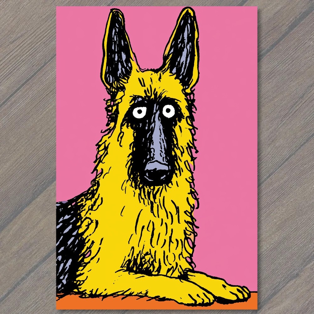 POSTCARD German Shepherd Dog Bright Yellow Black Pink Background Surreal Weird