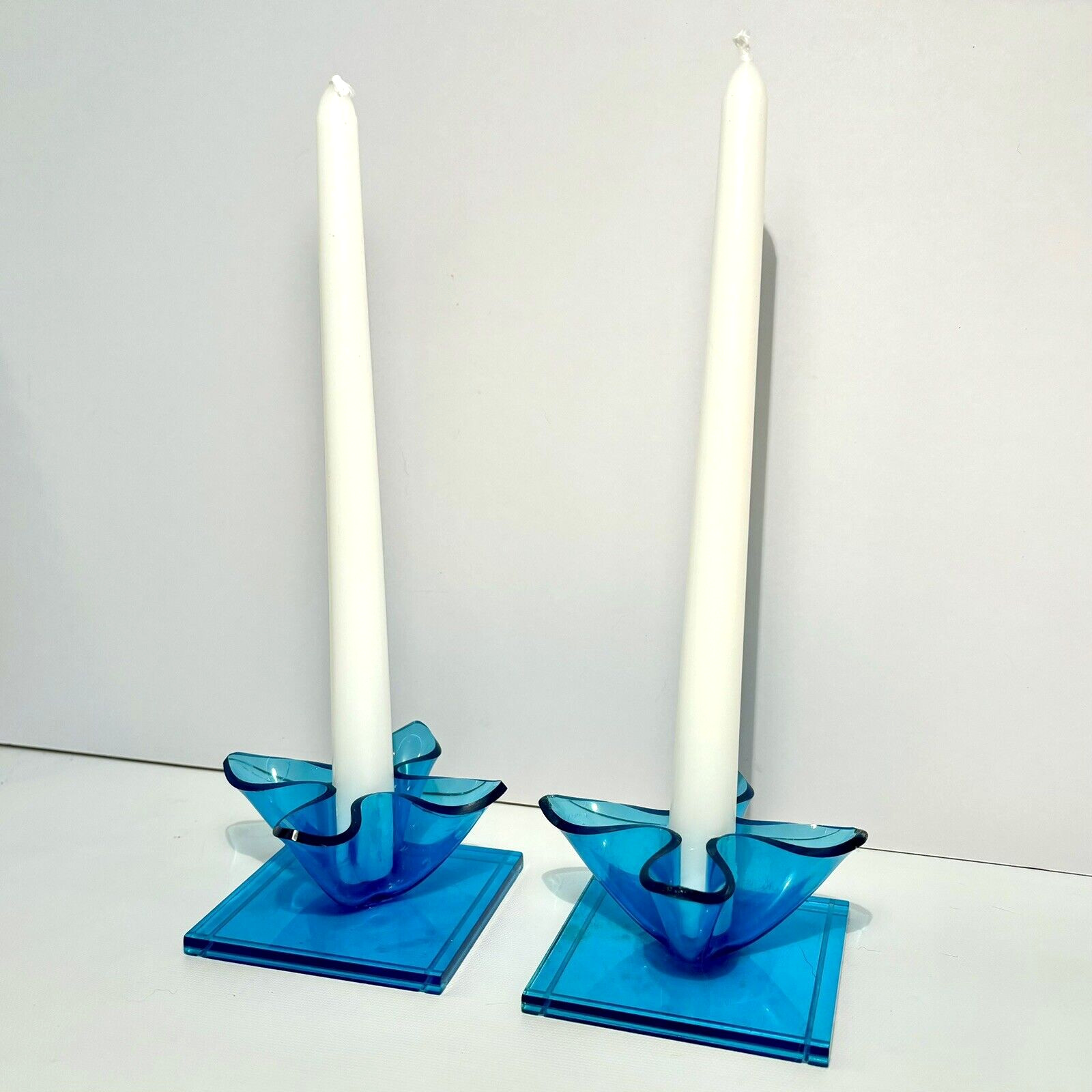 Vintage Mid Century Modern Blue Lucite Acrylic Candlestick Holders Taper Candle