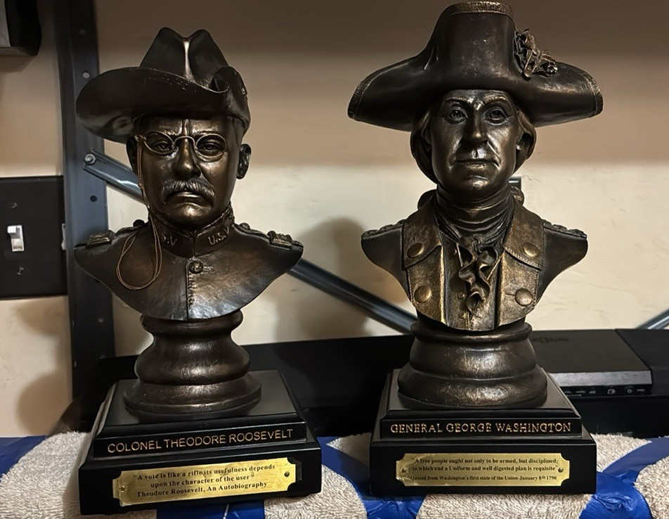 Theodore Roosevelt & George Washington Metal Bust Pair Bronze Finish Set of 2