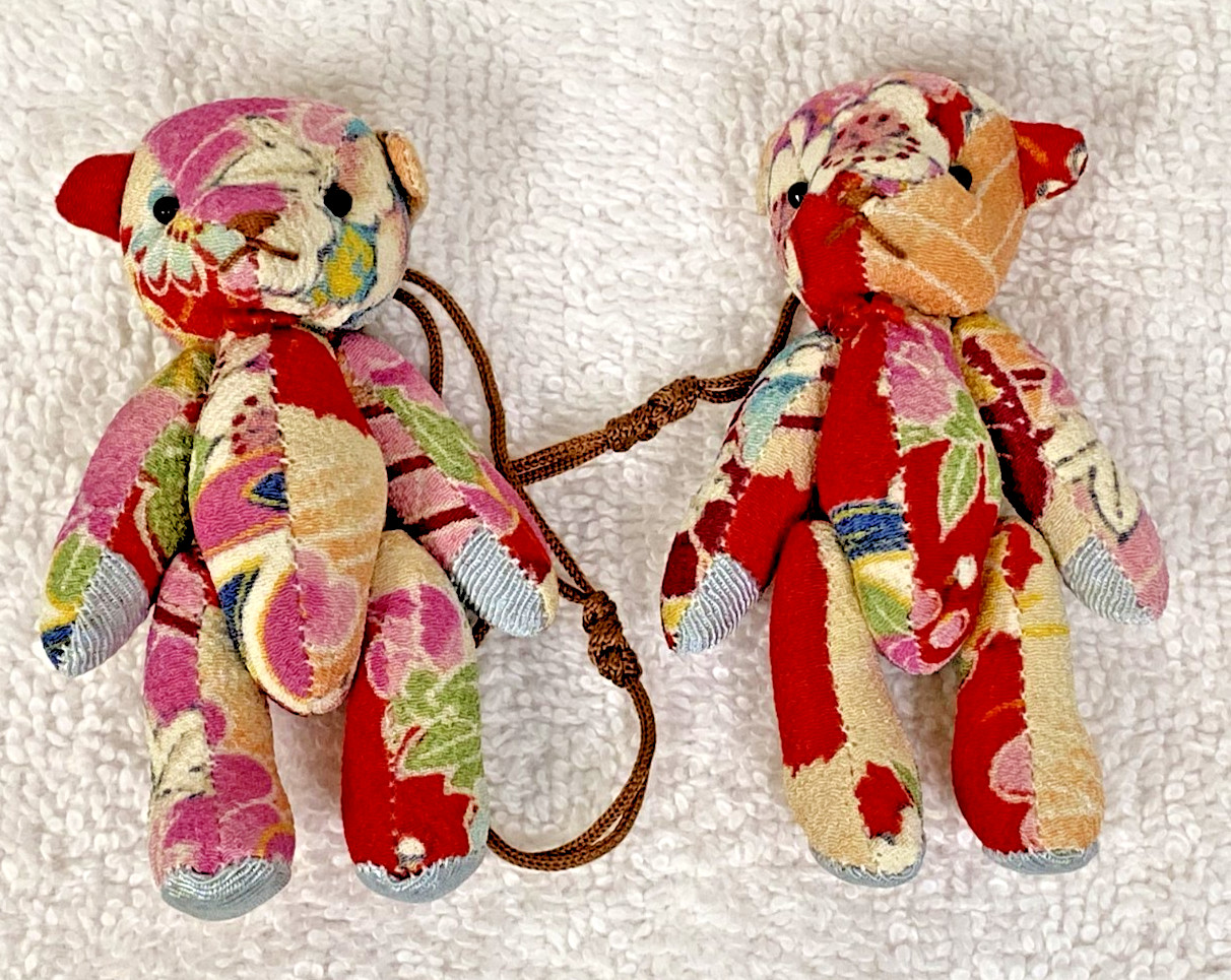 2 Hand Stitched Made Patchwork Quilt Material Jointed Bear Figural Ornaments
