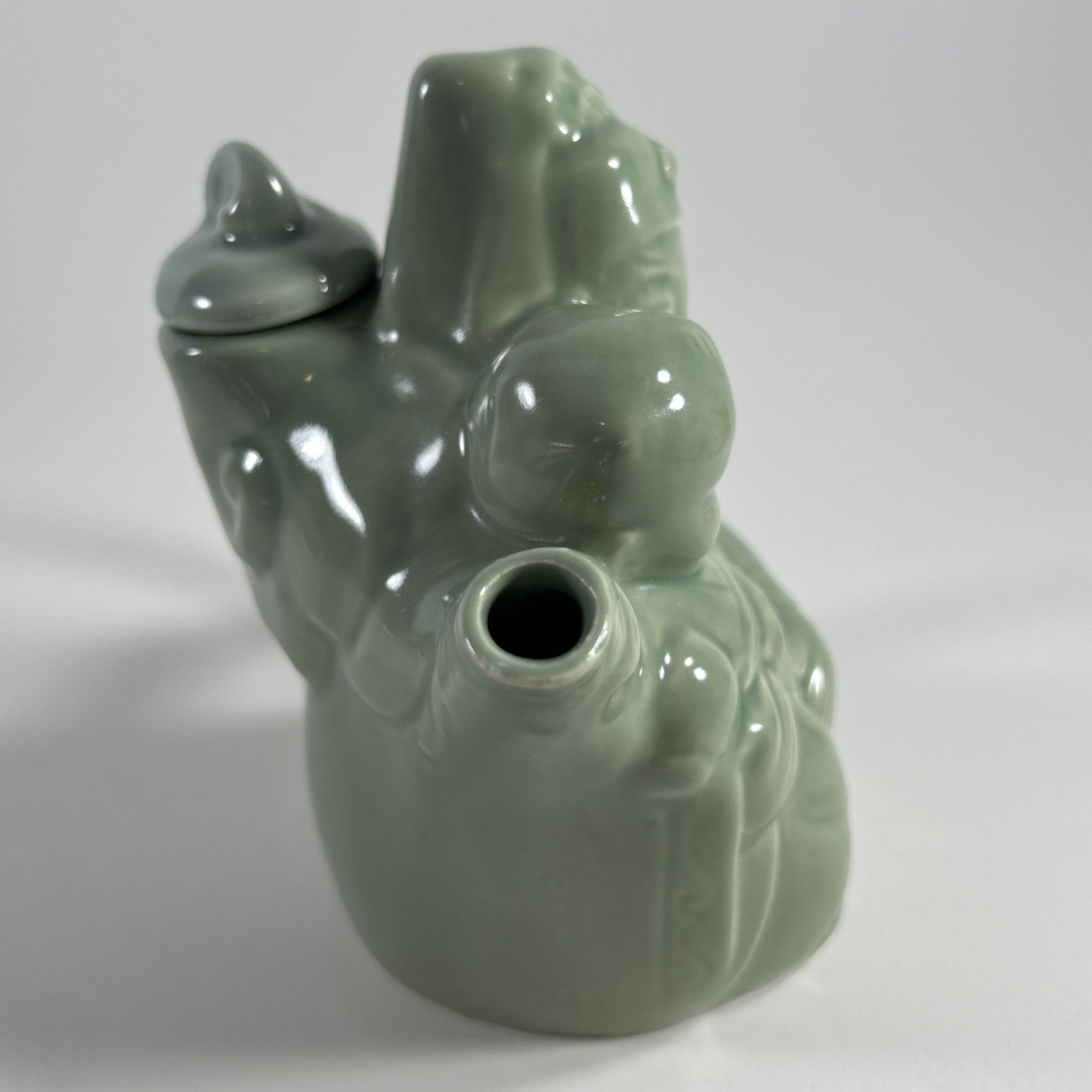 Celadon Style Green, Ceramic God Holding A Baby Teapot, Chinese 5“ X 3 1/2 “