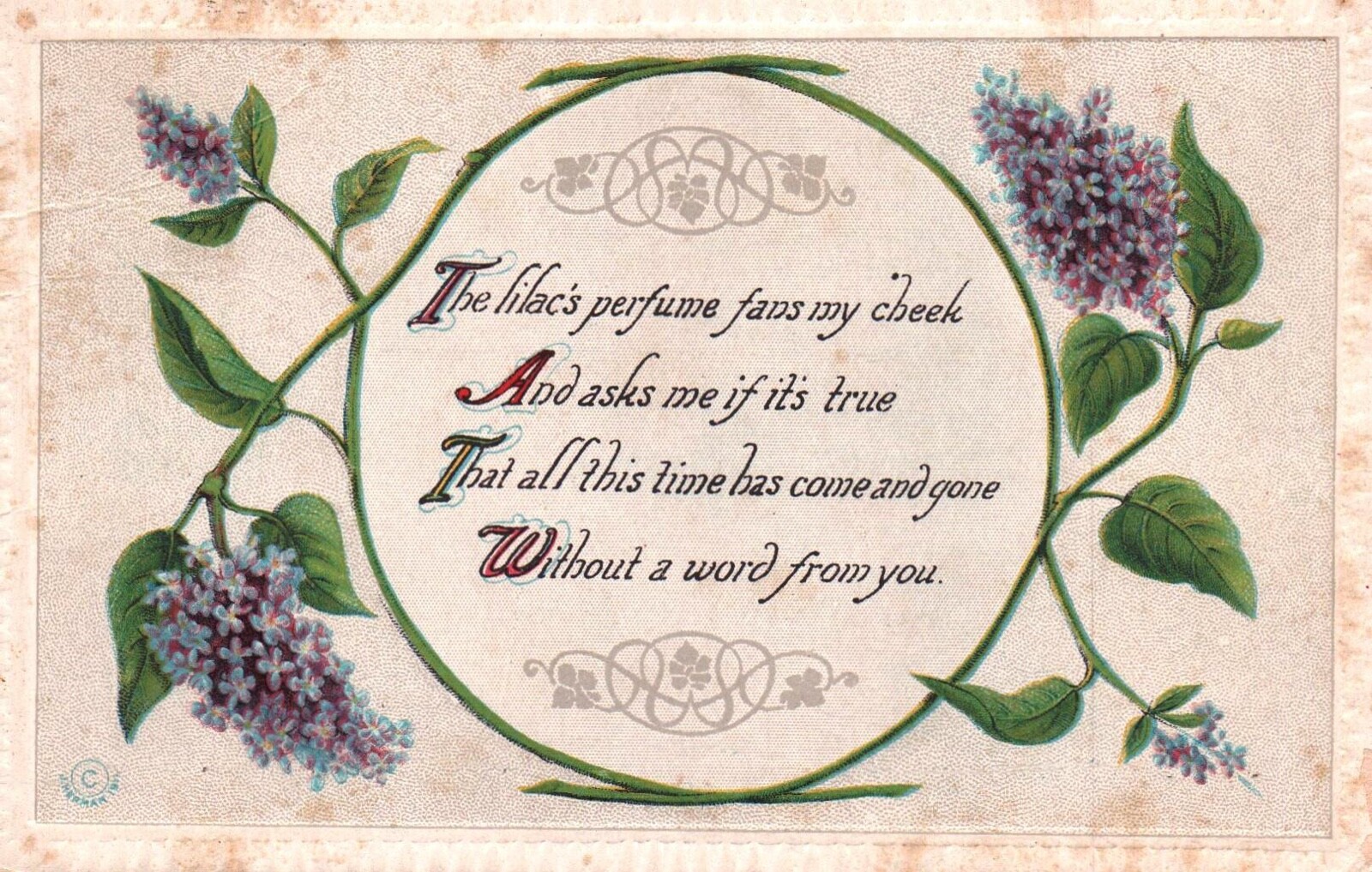 Postcard Divided Back Embossed Lilacs Flower Poetry Poem