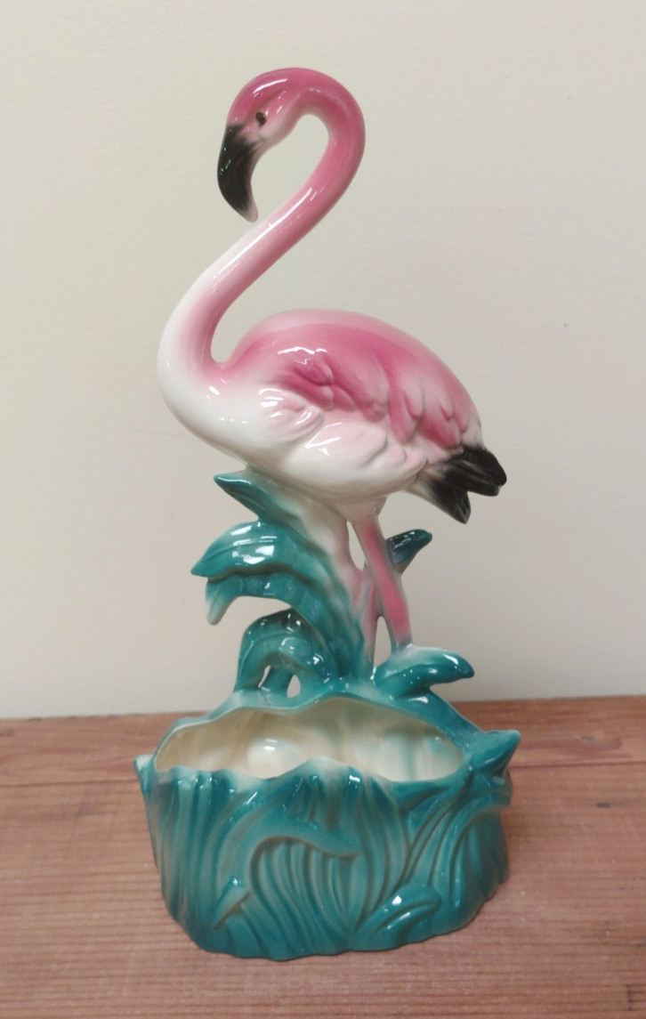 Vintage MCM PINK FLAMINGO Left Facing Planter Ceramic 10″ Bright Vibrant
