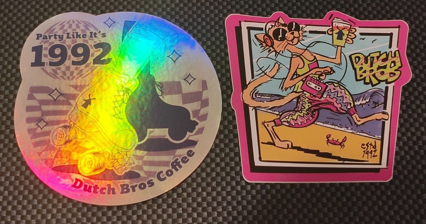 2 Dutch Bros Coffee Party Like It’s 1992 Pink Retro Beach Cheetah Sticker New