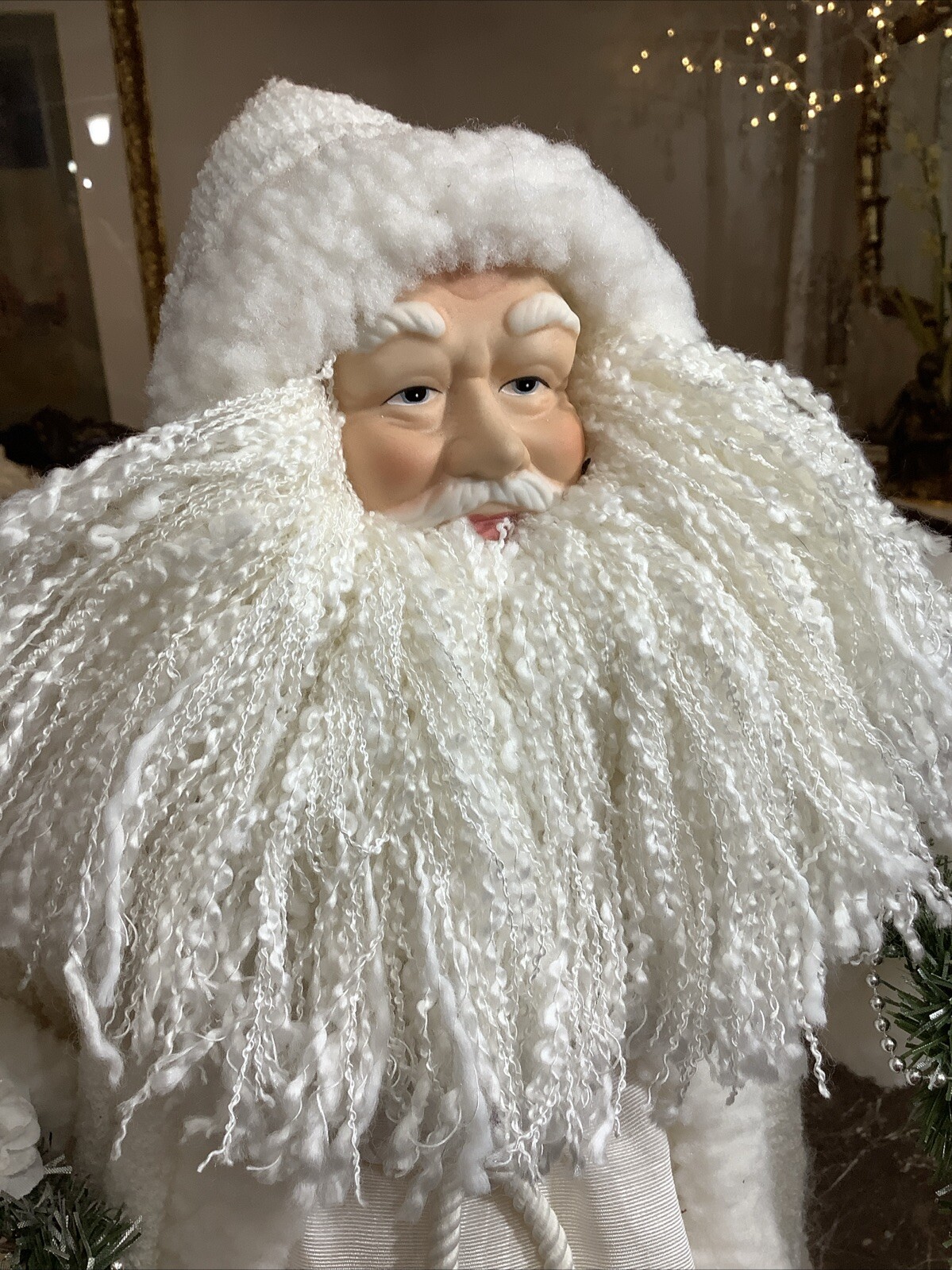 Victorian Santa Claus Tree Topper White Green Silver Gown 18” Tall 15” Wide