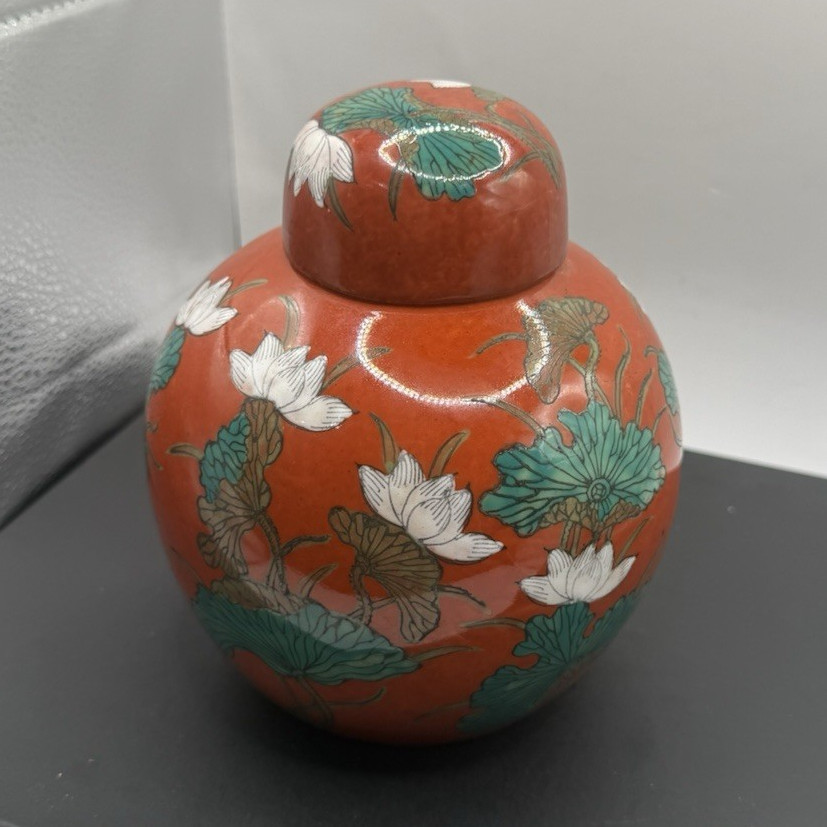 Vintage 1970s Hand Painted Ginger Jar Hong Kong Macau Style Coral Red Lotus Vase