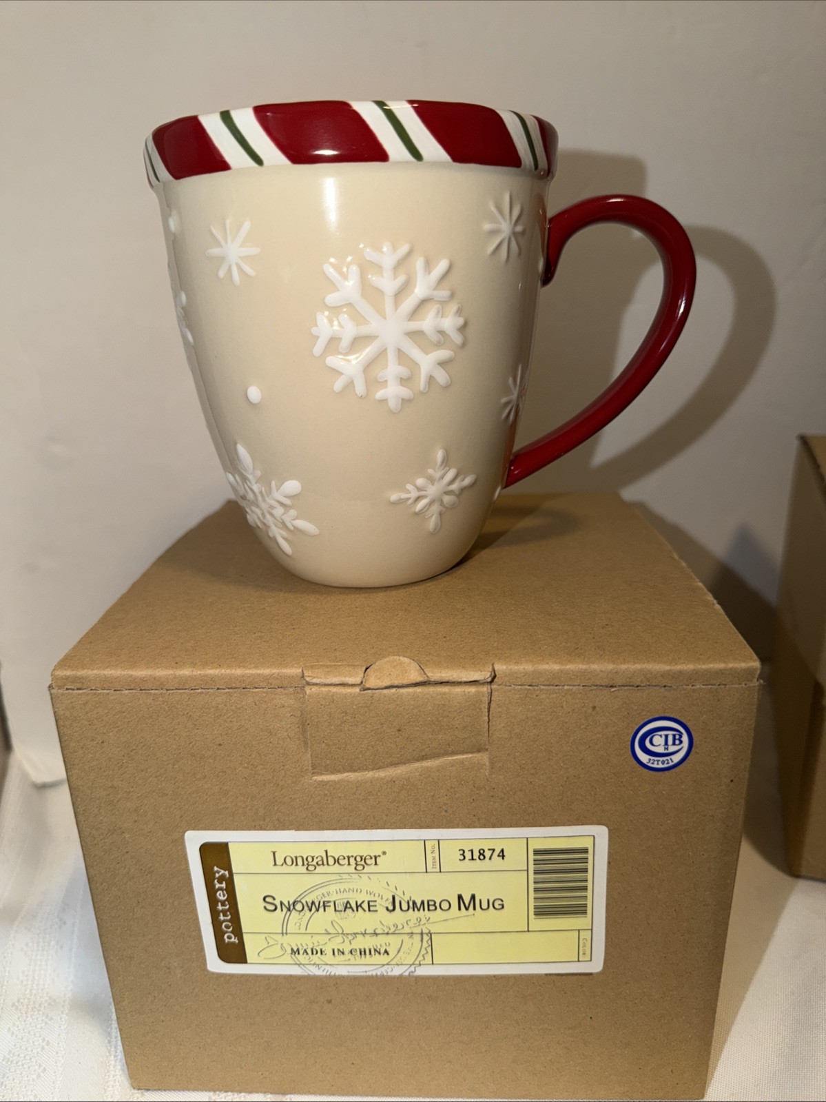 Longaberger Christmas Snowflake 24 oz Mug Red Handle Candy Cane Rim Holiday Mug