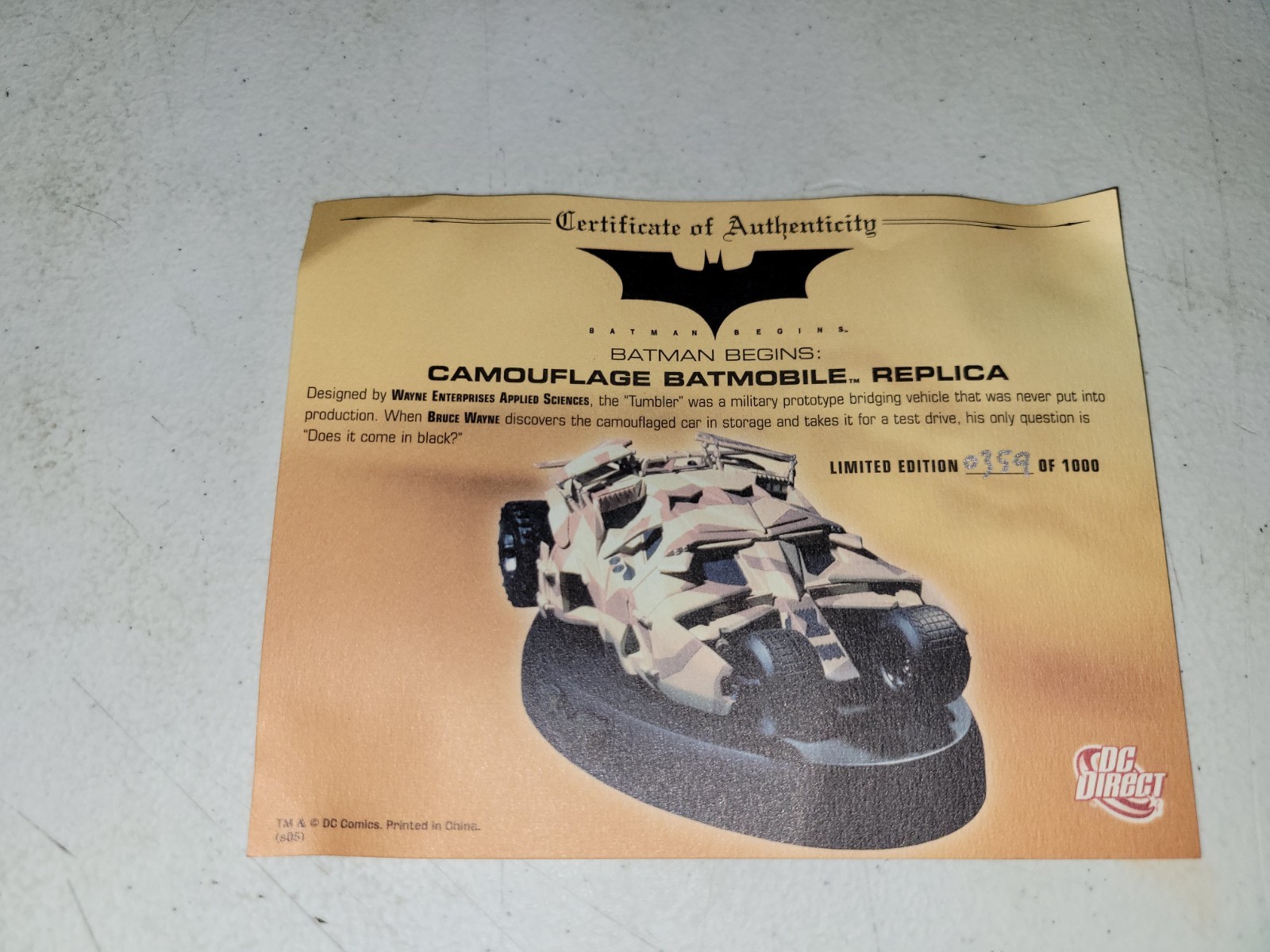 DC Gallery Batman Begins Camouflage Batmobile Replica w/ COA #359of 1000 Used