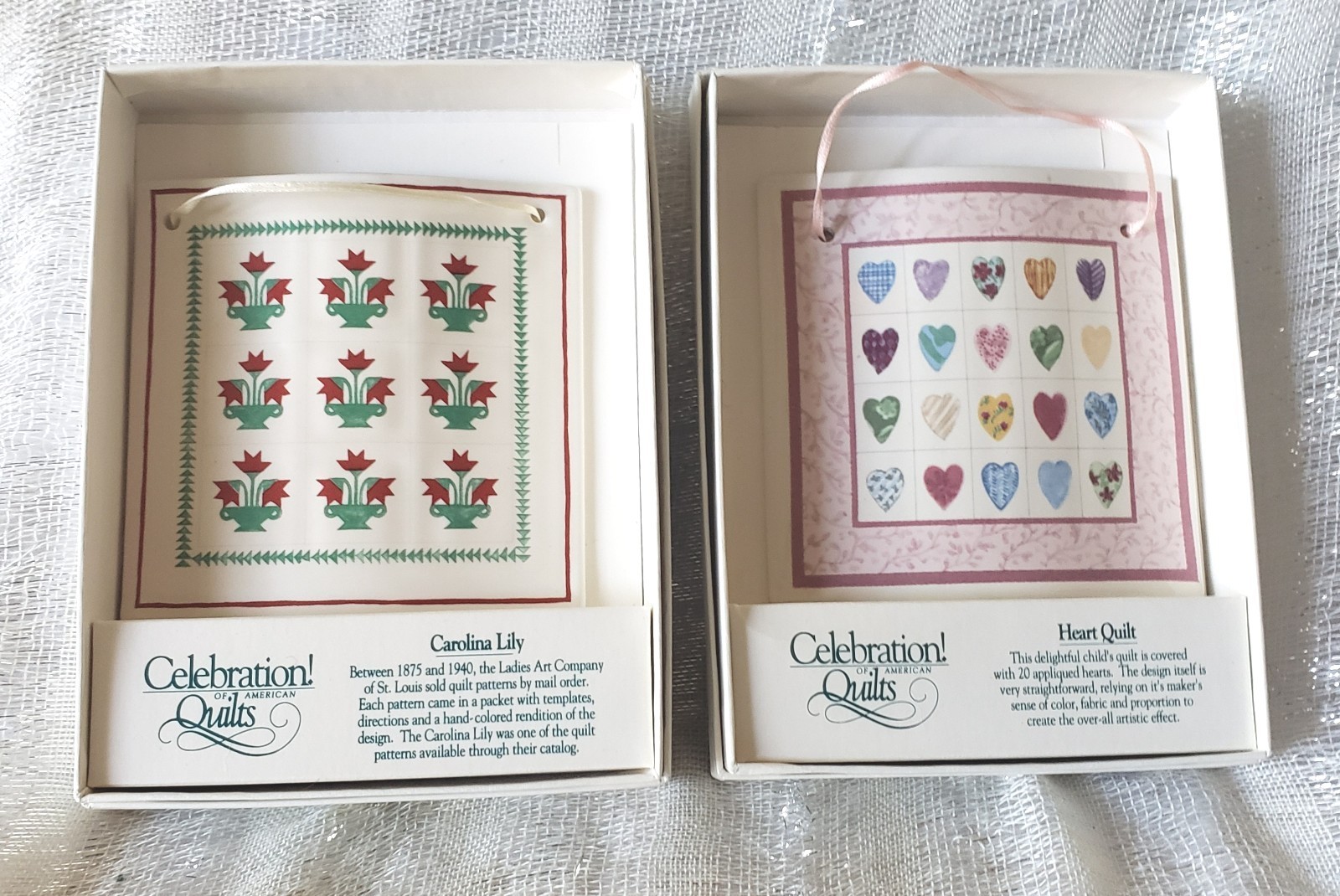 Lot Of 2 Celebration of American Quilts Ornaments Ceramic Carolina Lily & Heart