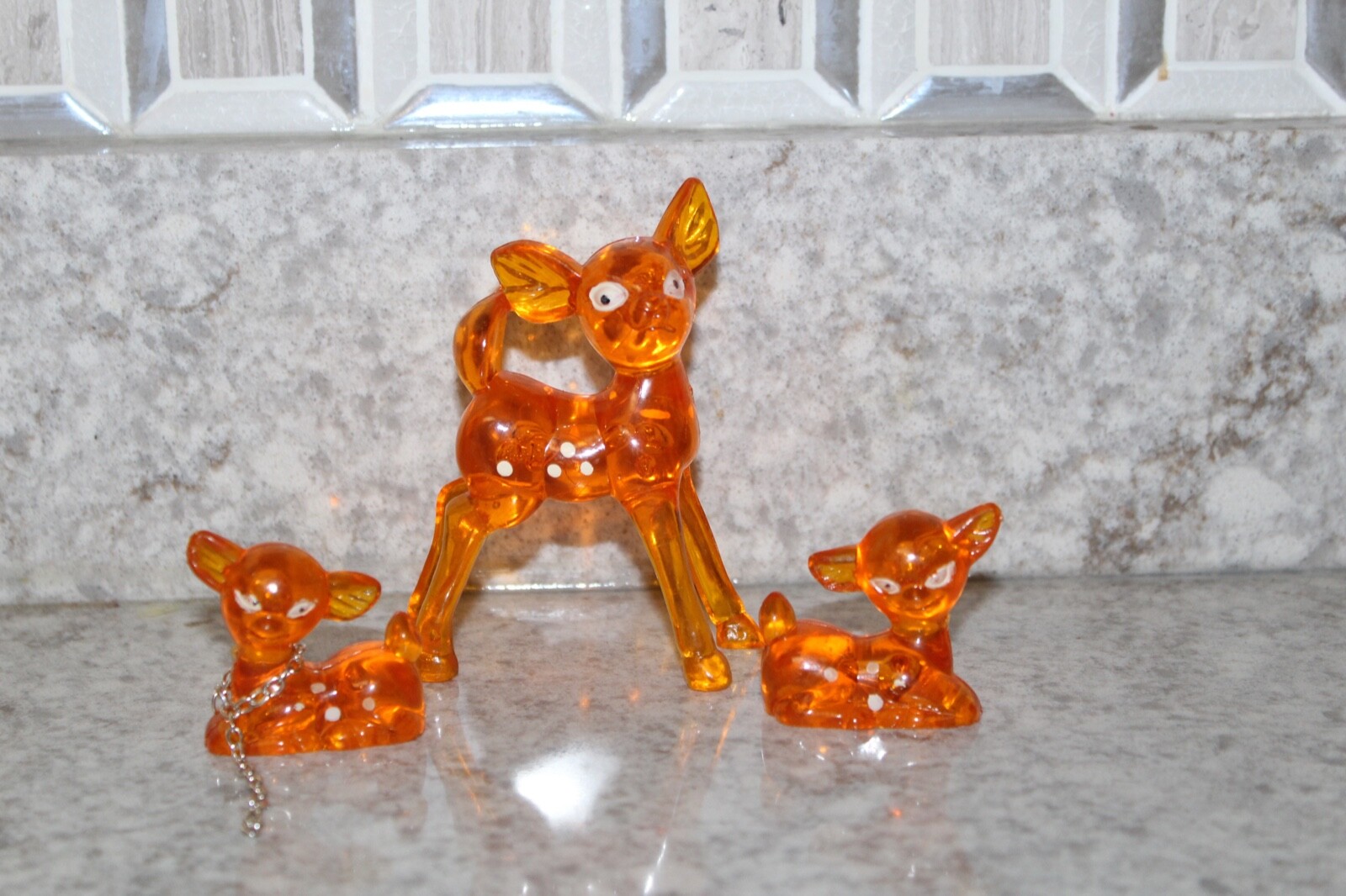 Vintage Orange Lucite Deer Bambi Family Of 3 with Chains Doe and Her Fawns