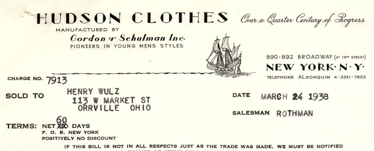 1938 HUDSON CLOTHES GORDON AND SCHULMAN N.Y. YOUNG MEN’S BILLHEAD INVOICE Z503