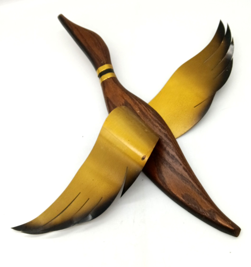 Vintage Masketeers Flying Duck Goose Wall Art Decor Teak Wood Brass MCM 21X20.5″