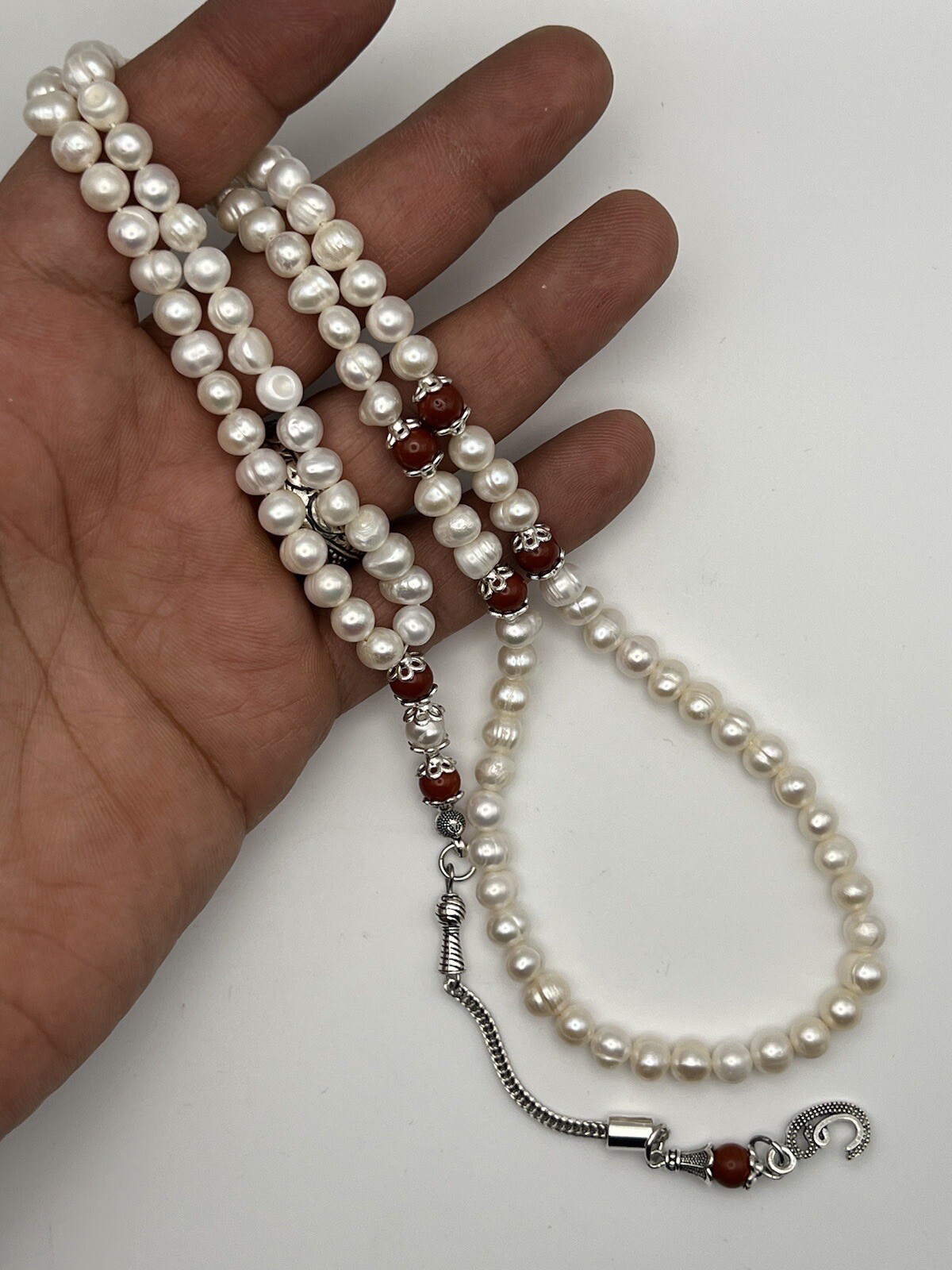 Natural Pearl Tasbih Misbaha With Red Jasper Rosary Prayer Bead مسبحة لؤلؤ طبيعي