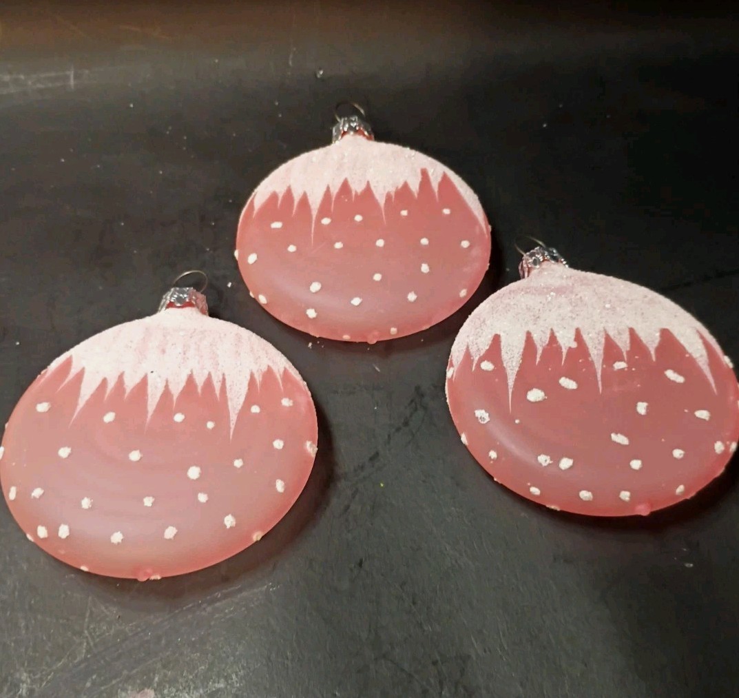 3 West Germany Round Flat Christmas Ornaments Pink