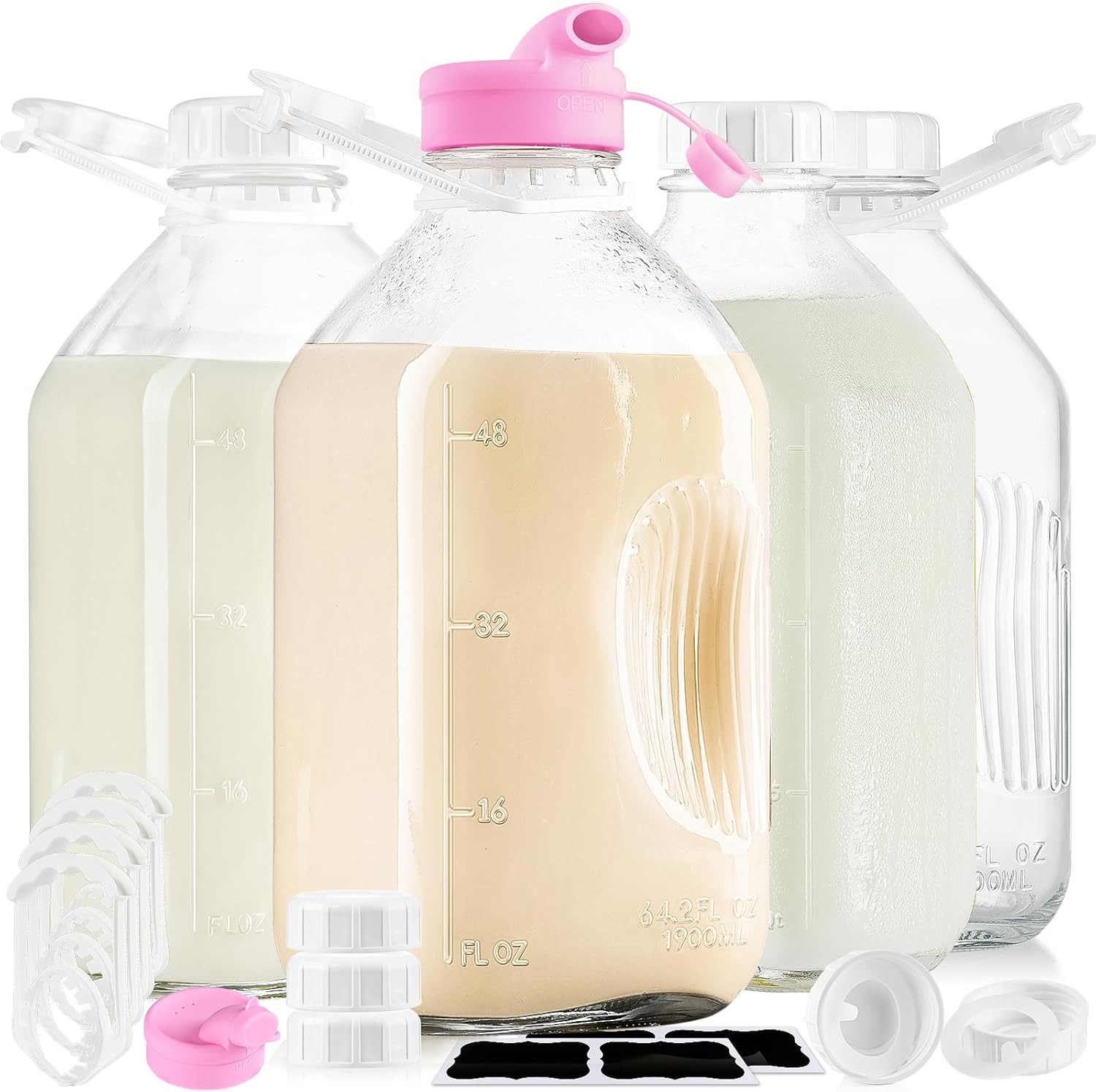 4 Pack 1/2 Gal Glass Milk Bottle with Airtight Lid & 2 Pour Spouts – 64 Oz Heavy
