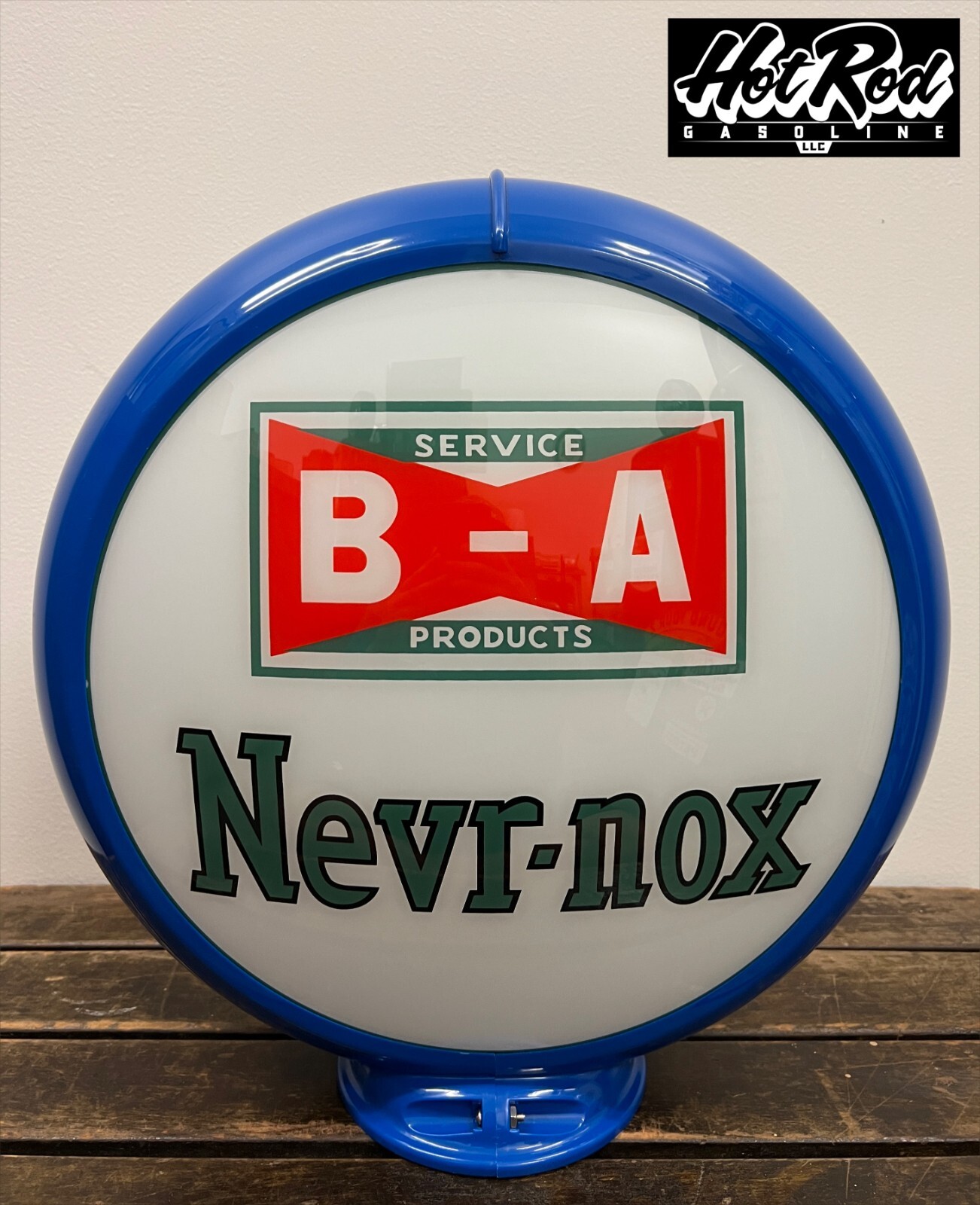 BA BRITISH AMERICAN Nevr-Nox Reproduction 13.5″ Gas Pump Globe – (Blue Body)