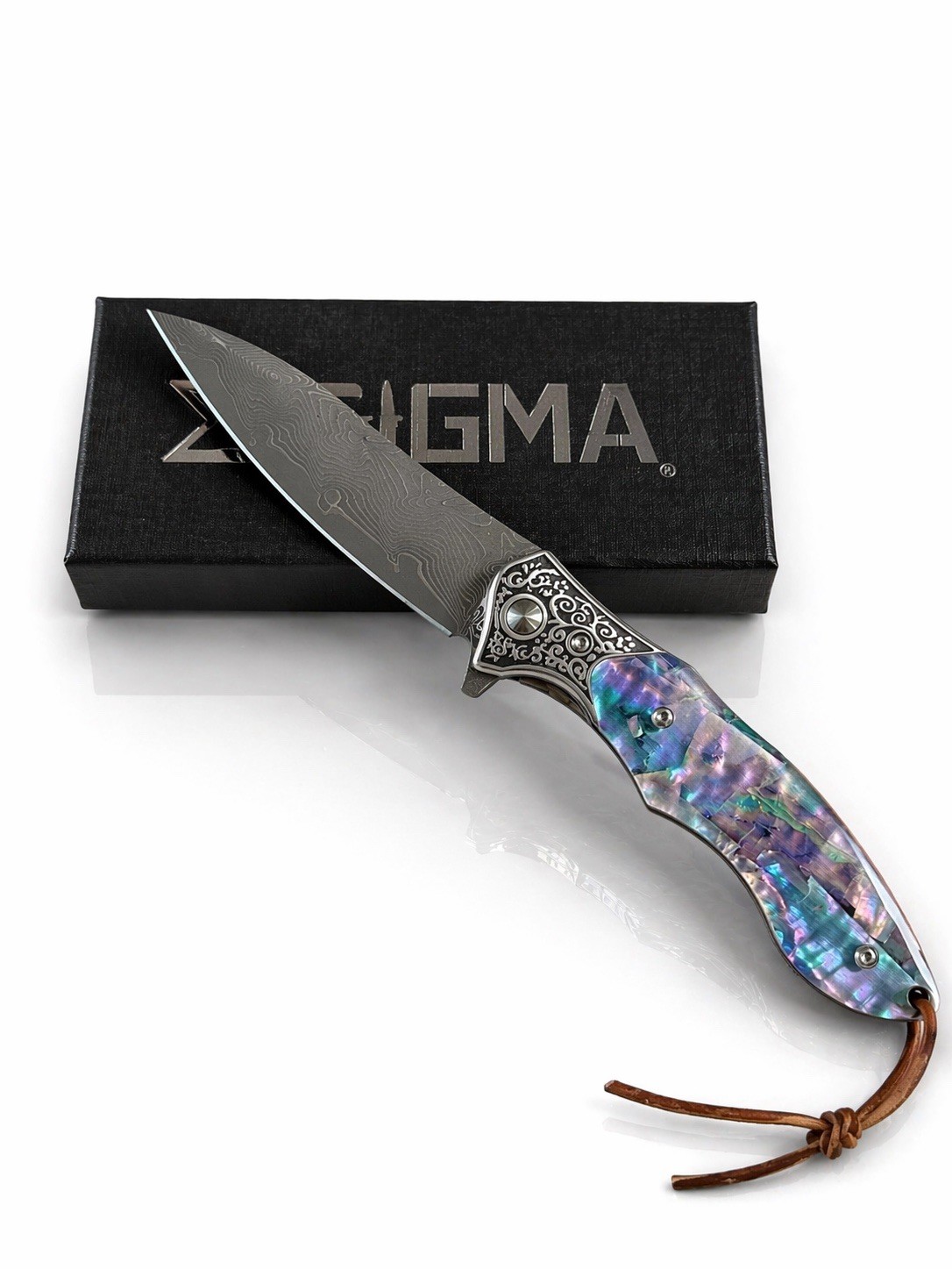 Sigma Pocketknife – 67 Layer Damascus Blade, Multicolor Abalone Shell Handle.
