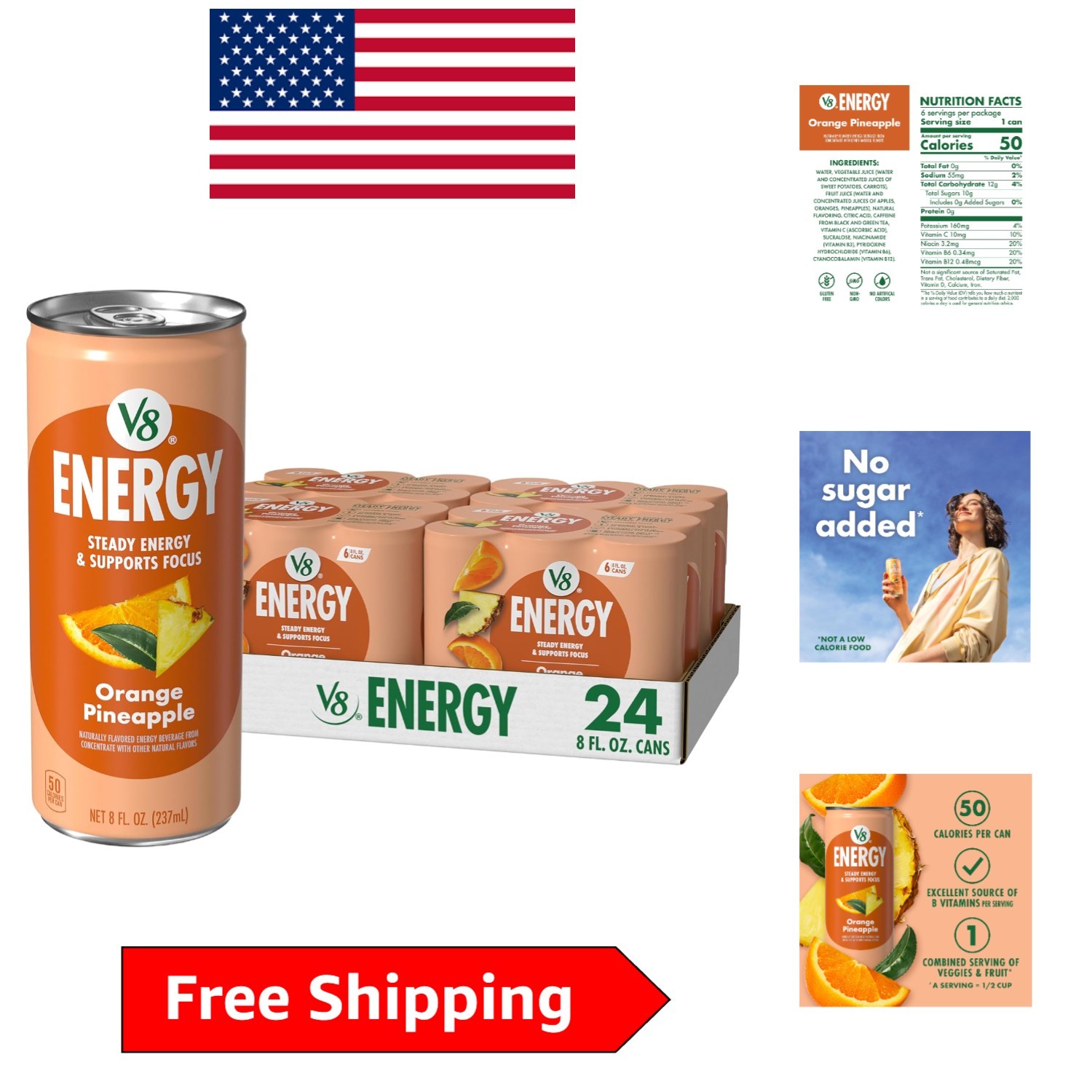 Tasteful Orange Pineapple Energy Drink – 24 Can Pack, Low Calorie, Vegetarian