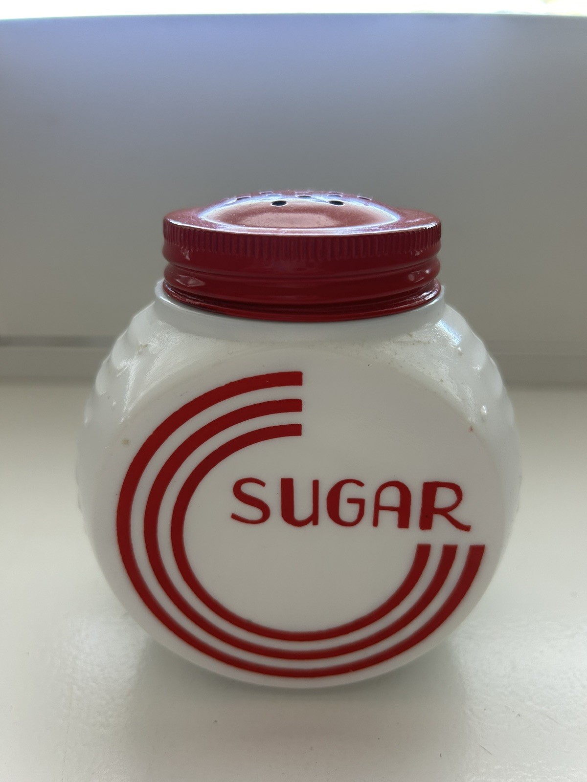 Vintage Anchor Hocking Vitrock Red Circle SUGAR Shaker Container Milkglass