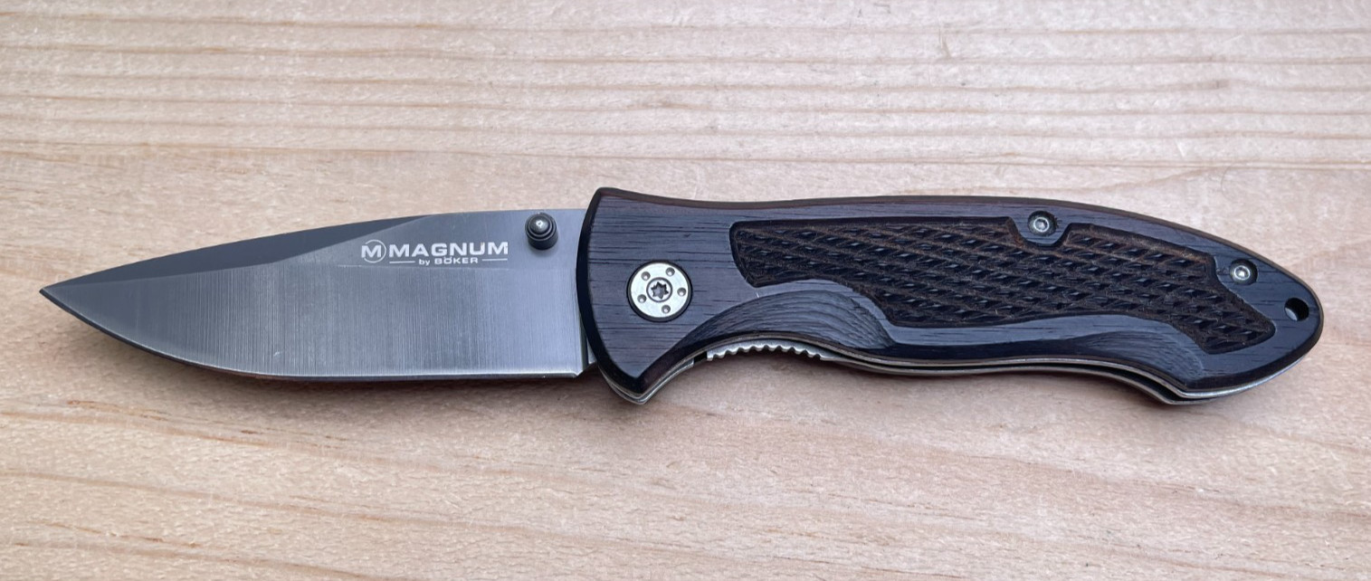 Magnum by Boker Liner Lock Dark Wood Handle 440 Stainless Folding Pocket Knife