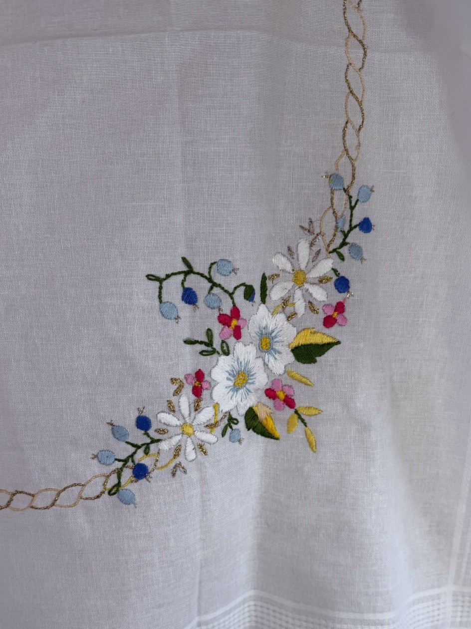 Tablecloth White Embroidered Multi Colour Florals 75 cm Square Vintage Cotton