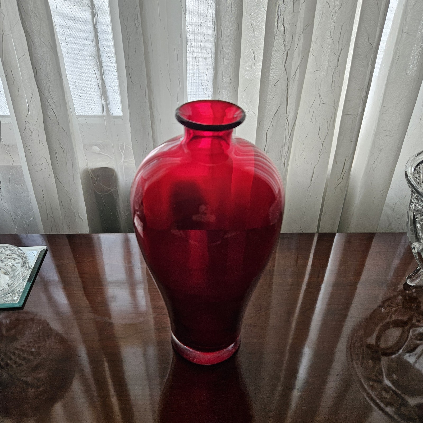 Vintage Ruby Red Glass Vase Clear Base Hand Blown Vibrant Red 11″ Gorgeous!