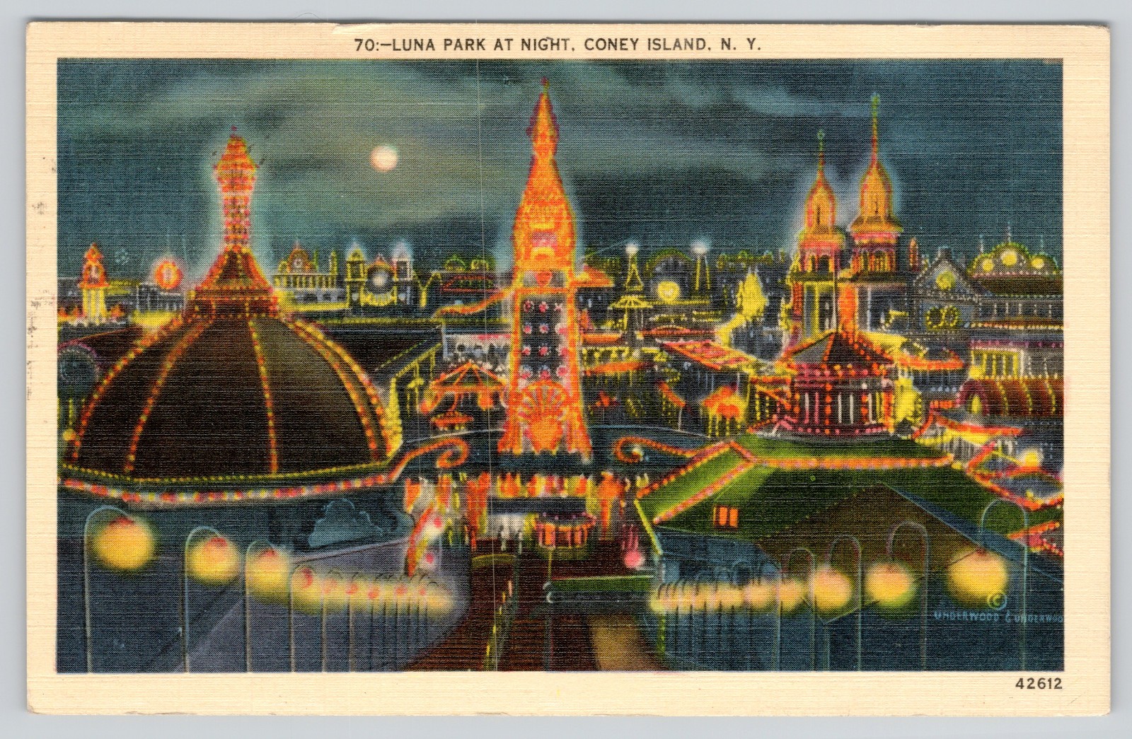 Coney Island NY Postcard Luna Park at Night New York Vintage View 1944 Posted