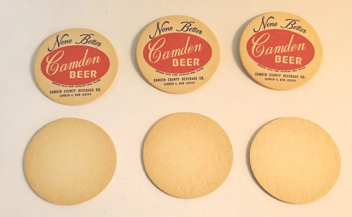 CAMDEN BEER COASTERS “6” CAMDEN COUNTY BEVERAGE NEW JERSEY “NONE BETTER” VINTAGE