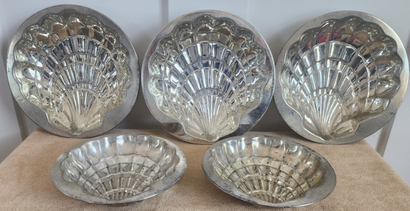 Five Vintage Sea Shell Scallop Gelatin Jell-o Cake Aluminum Tin Mold