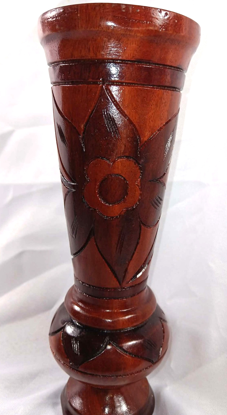 Vintage MCM Hand Carved FLOWERS& Fruit Pedestal Vases Hand-turned Wood 10 IN