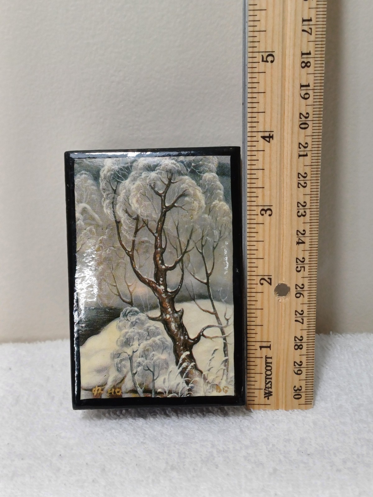 Vintage Russian Black Lacquer Jewelry Trinket Box Handpainted Winter Forest Sign