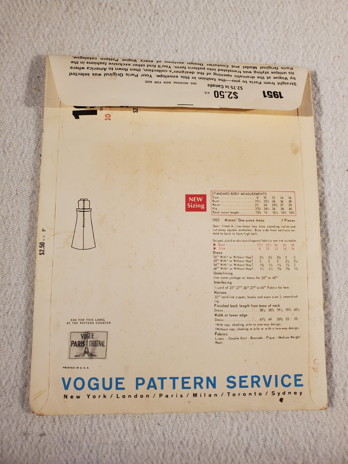 Vintage Pattern Vogue Paris Original # 1951 Guy Laroche One Piece Dress Size 10