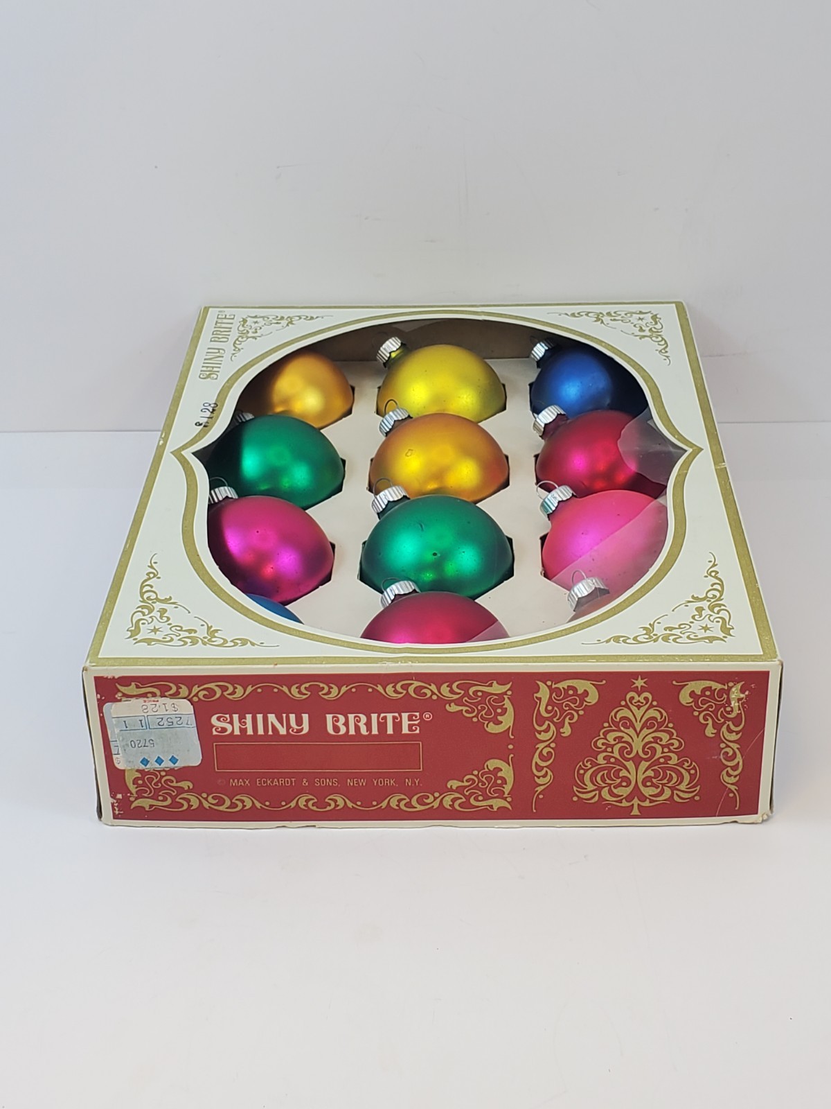 Vintage Shiny Brite Christmas Tree Ornaments Green Gold Pink Original Box 12