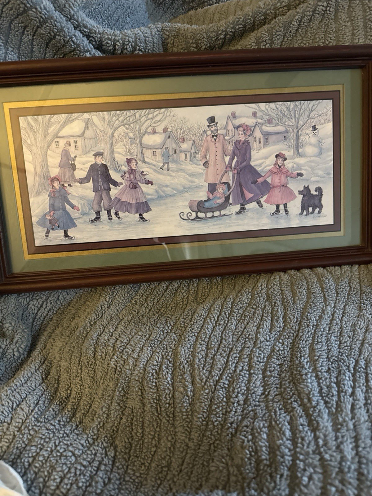 Home Interior Joan Stier family skating on ice with dog 11.5″X21.5″